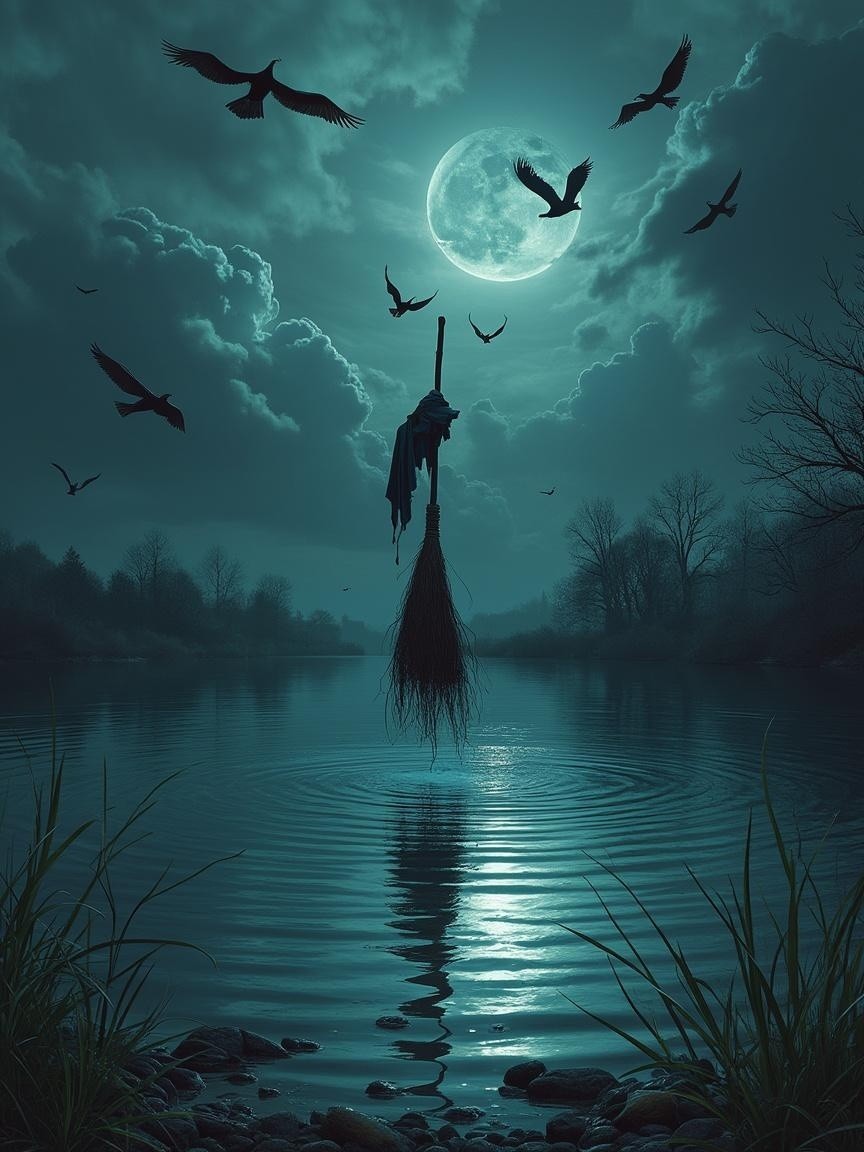 Mystical Scene with Broomstick and Full Moon Over Lake
