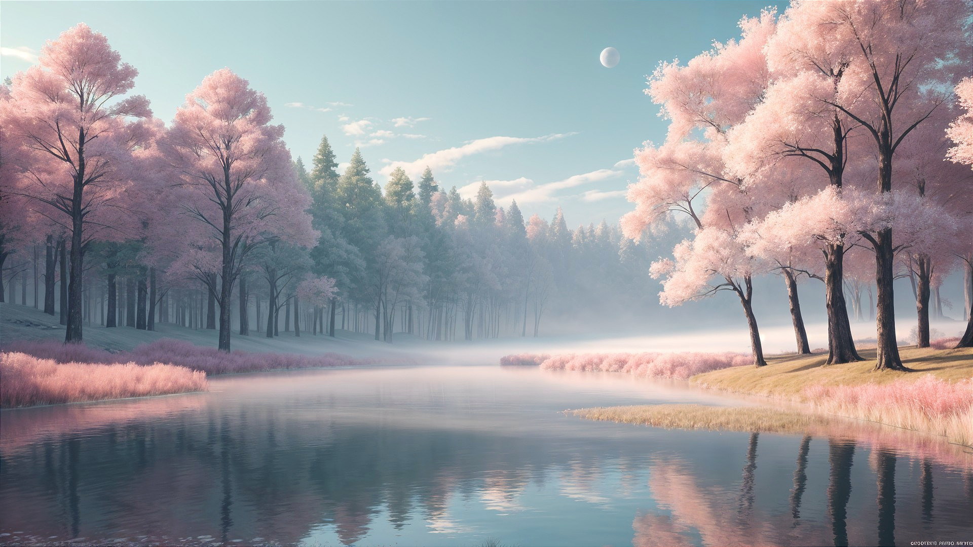 Tranquil River Landscape with Pastel Hues and Fog