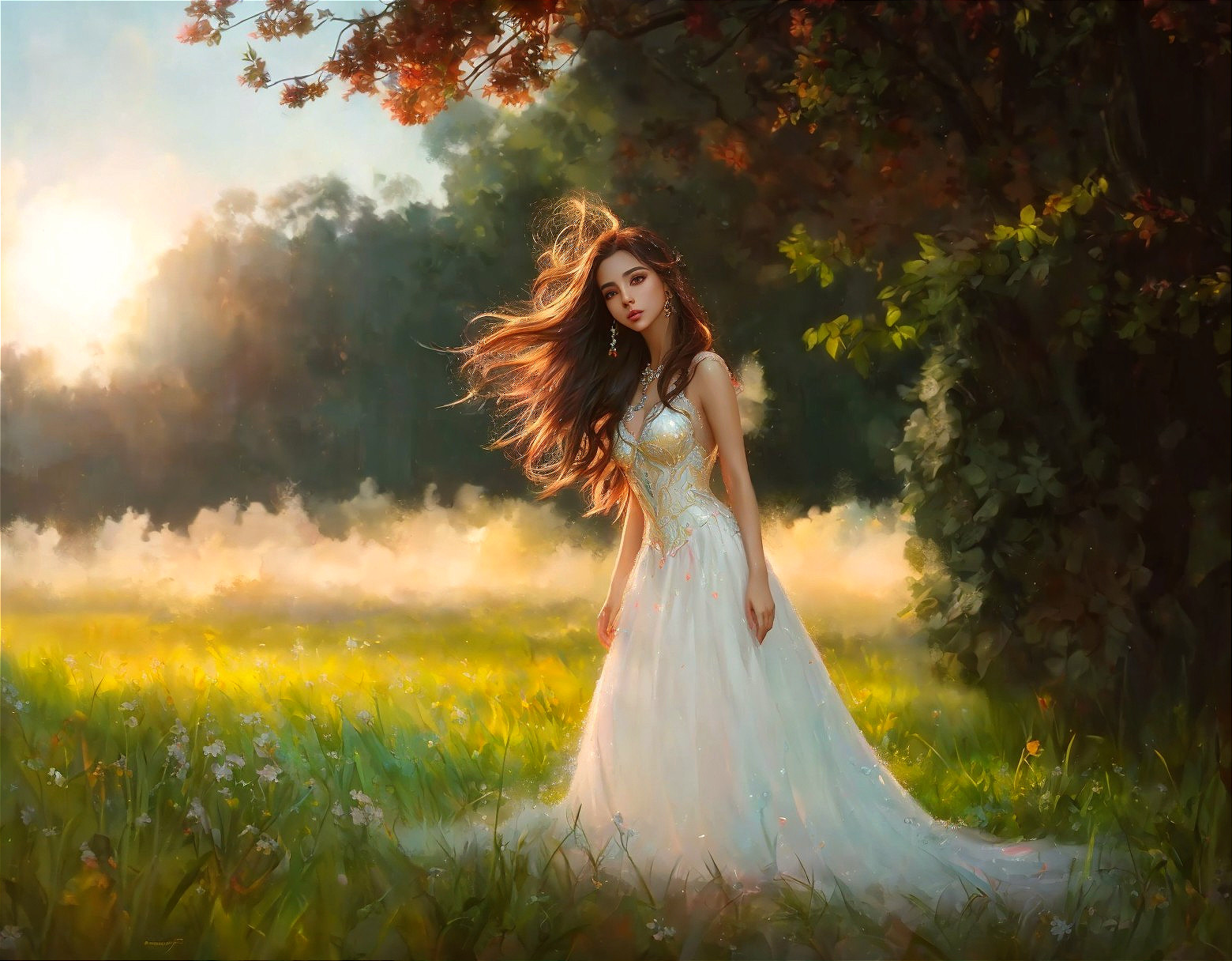 Young woman in white gown in sunlit meadow