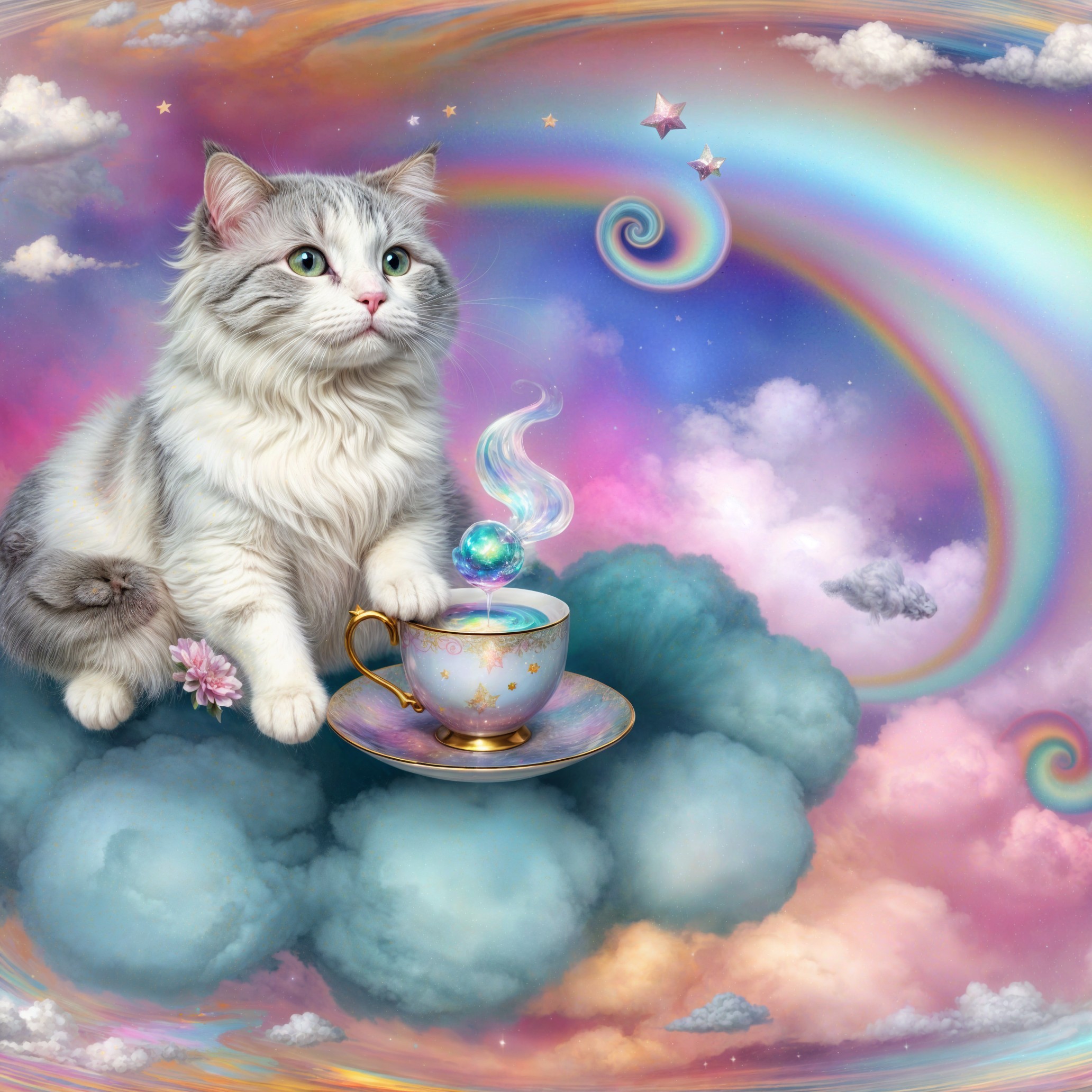 Fluffy Cat on Cloud with Teacup and Rainbow Background