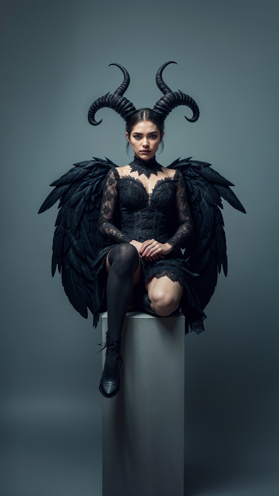 Elegant Figure with Black Outfit and Feathered Wings