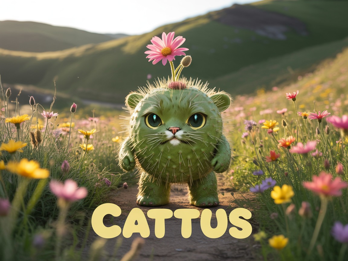 Whimsical Cattus Creature in Colorful Flower Field