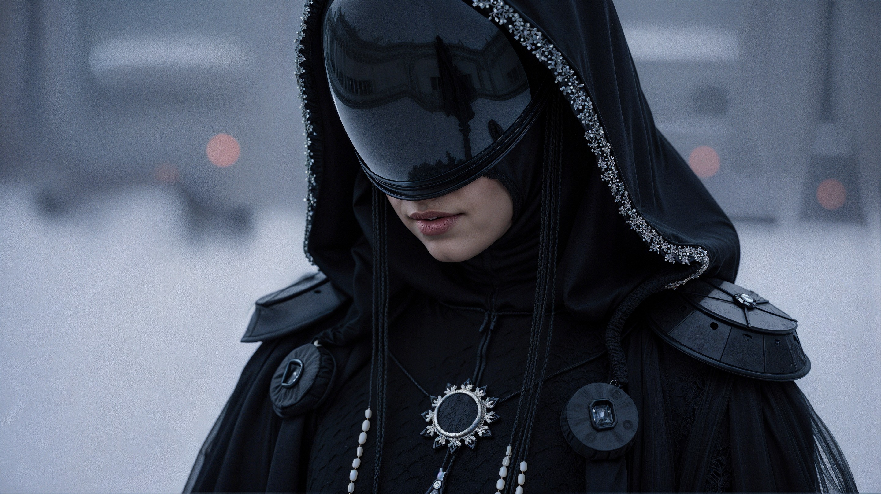Close-Up of Woman in Dark Cloak and Futuristic Visor