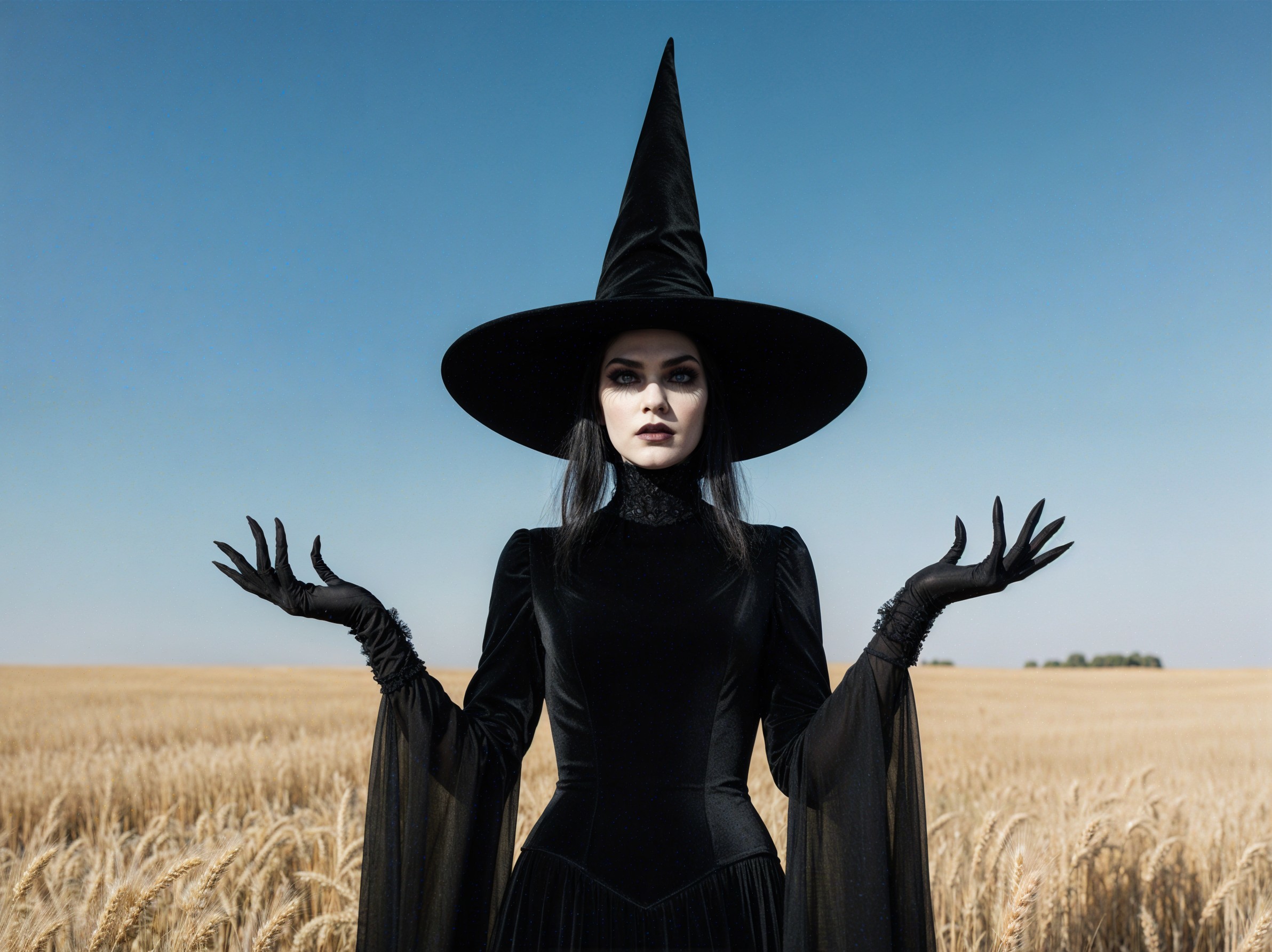 Mysterious Figure in Wheat Field with Witch's Hat