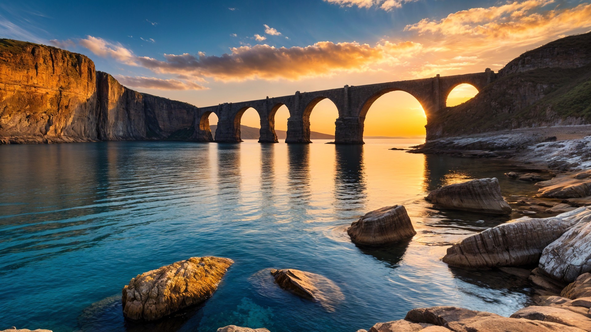 Sunset Serenity Over a Majestic Stone Bridge