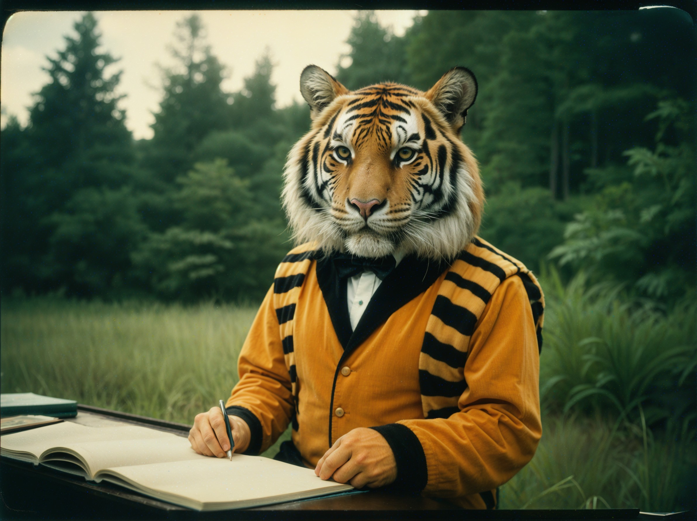 Humanoid Tiger Figure in Tuxedo Writing in Forest