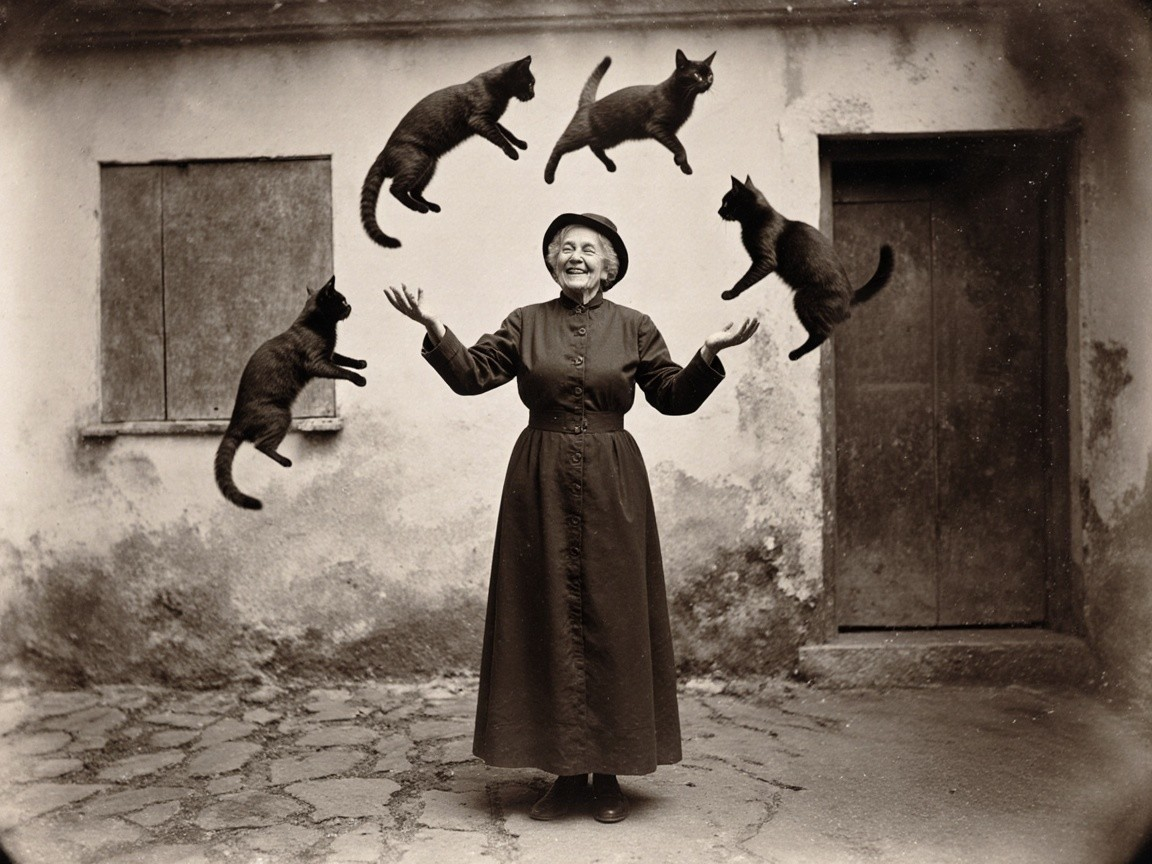 Elderly Woman Juggling Cats Outside Rustic Building