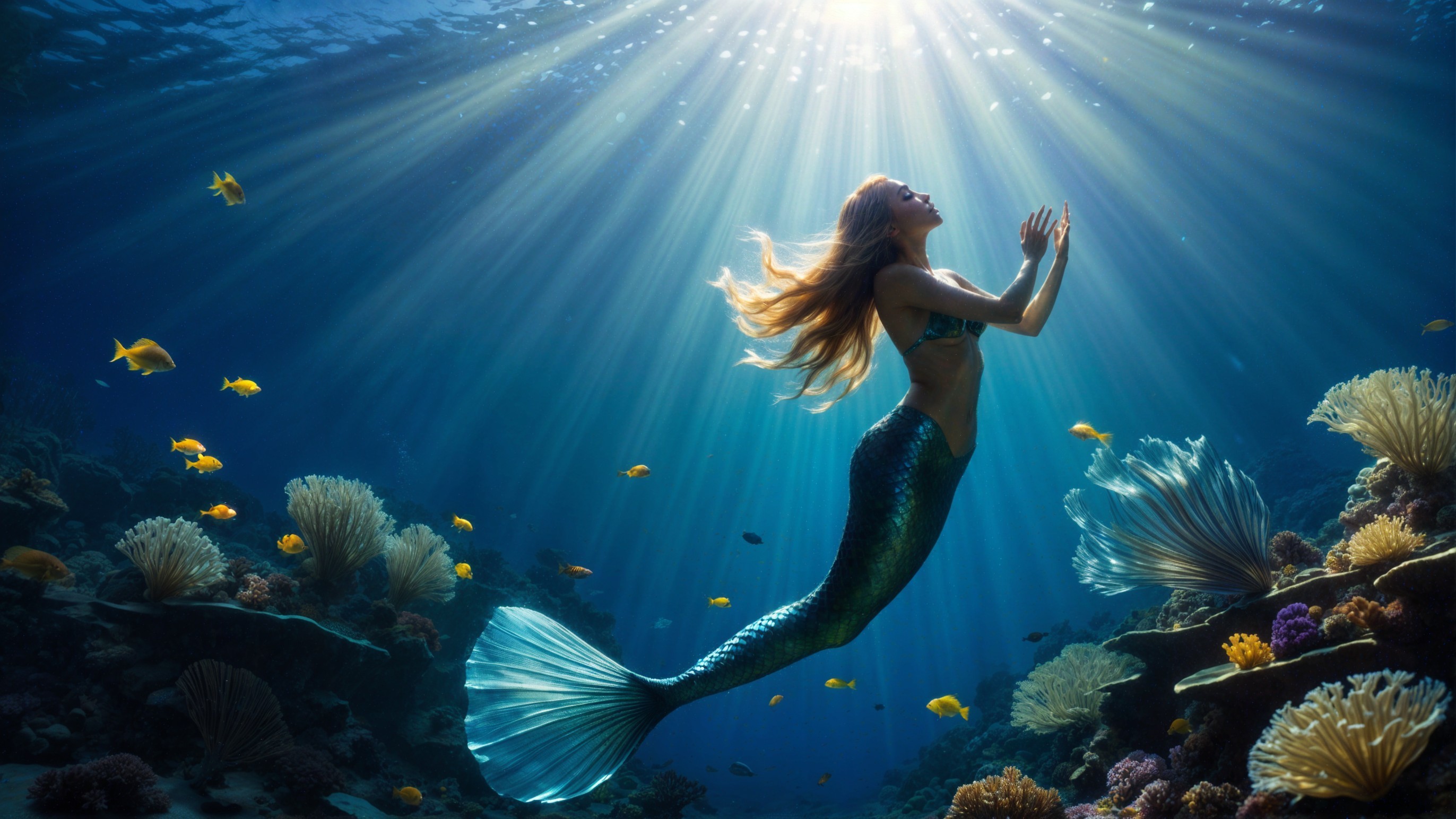 Mermaid in Vibrant Underwater Scene with Coral and Fish