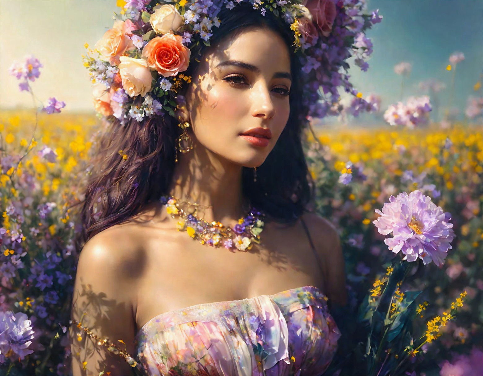 Young Woman in Floral Dress in Flower Field