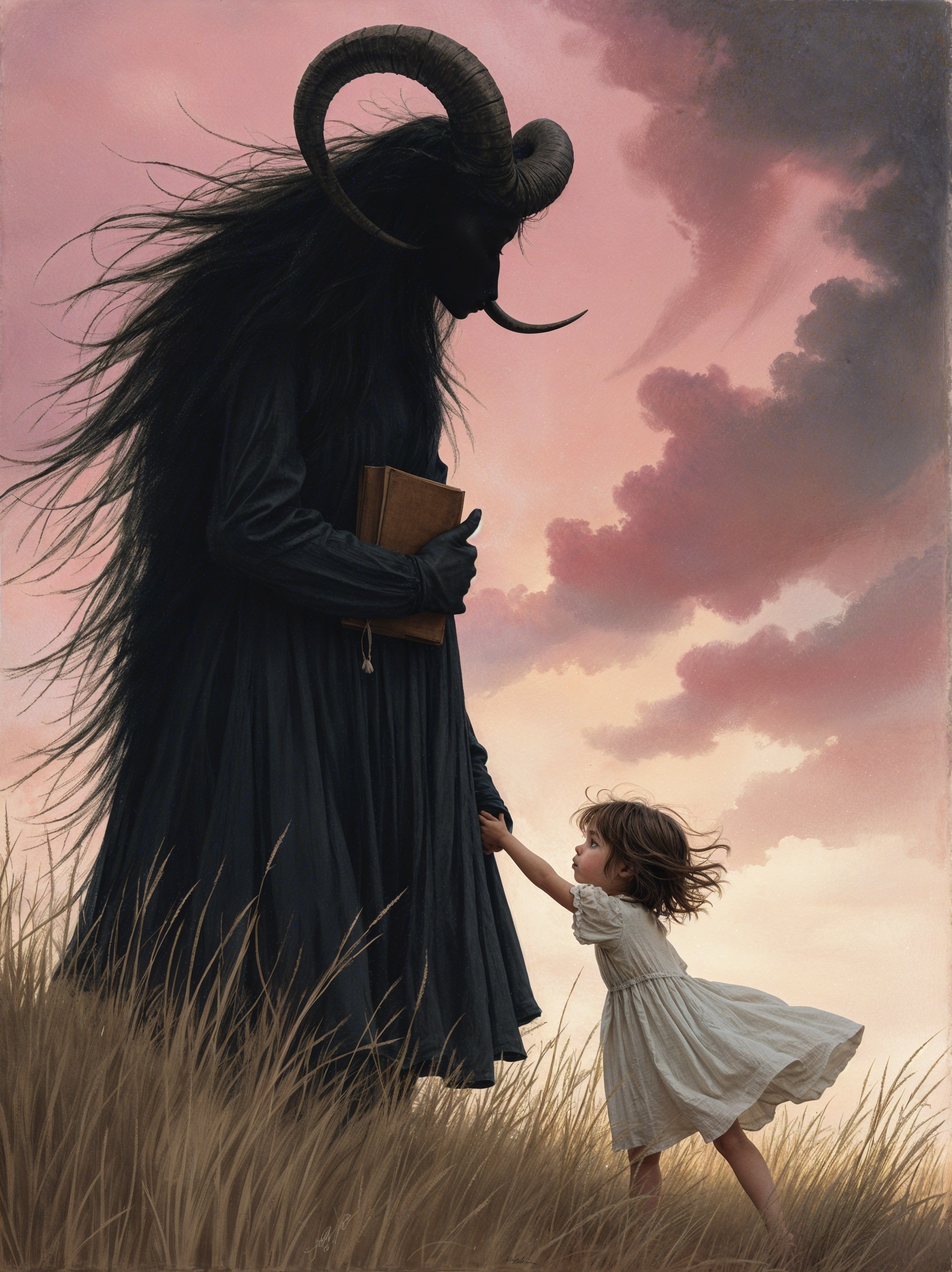 Surreal Scene of Dark Figure and Curious Girl in Grass