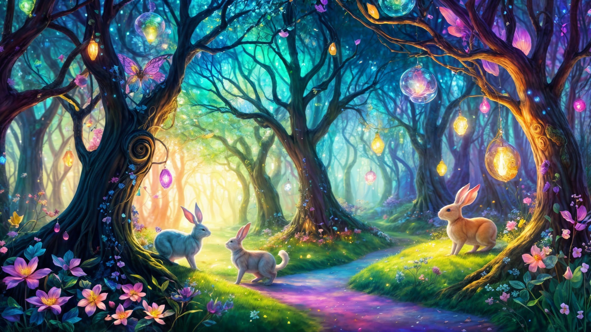 Enchanted Forest with Rabbits and Vibrant Flora