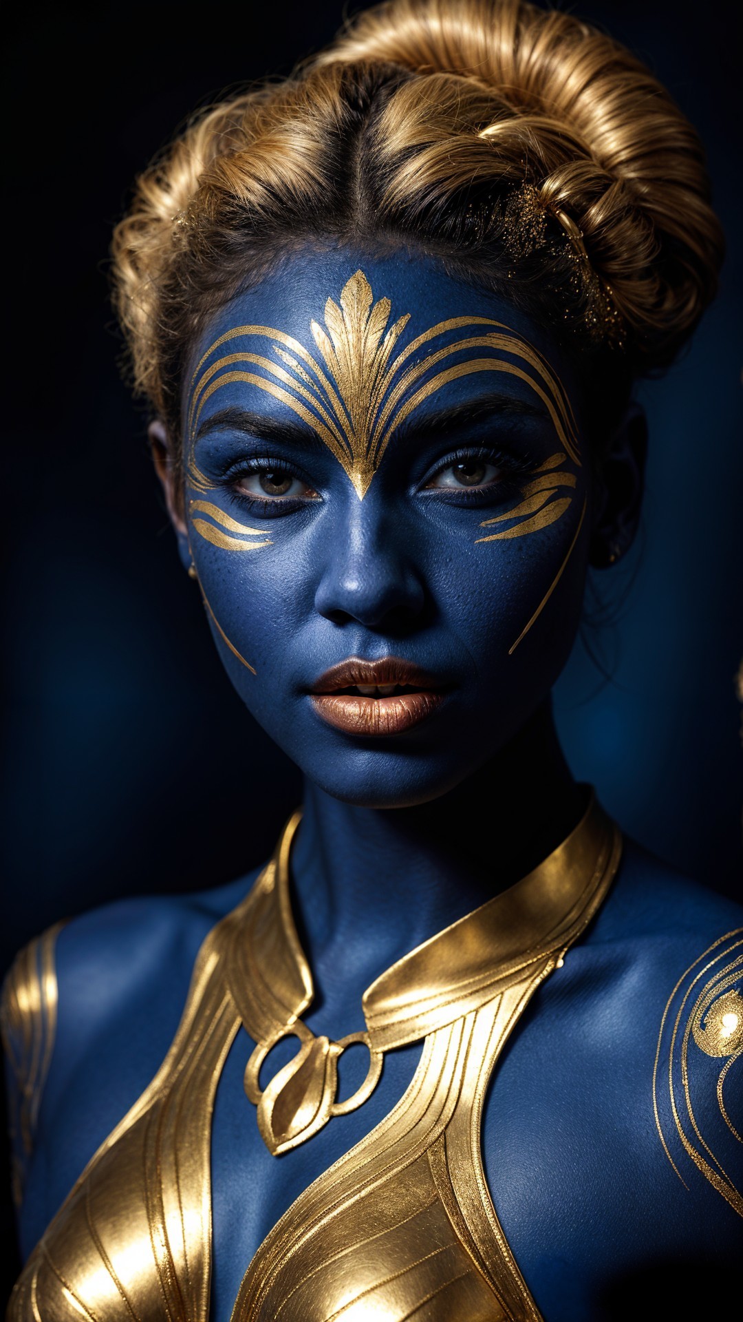 Portrait of a Woman with Celestial Blue Skin and Gold Accents