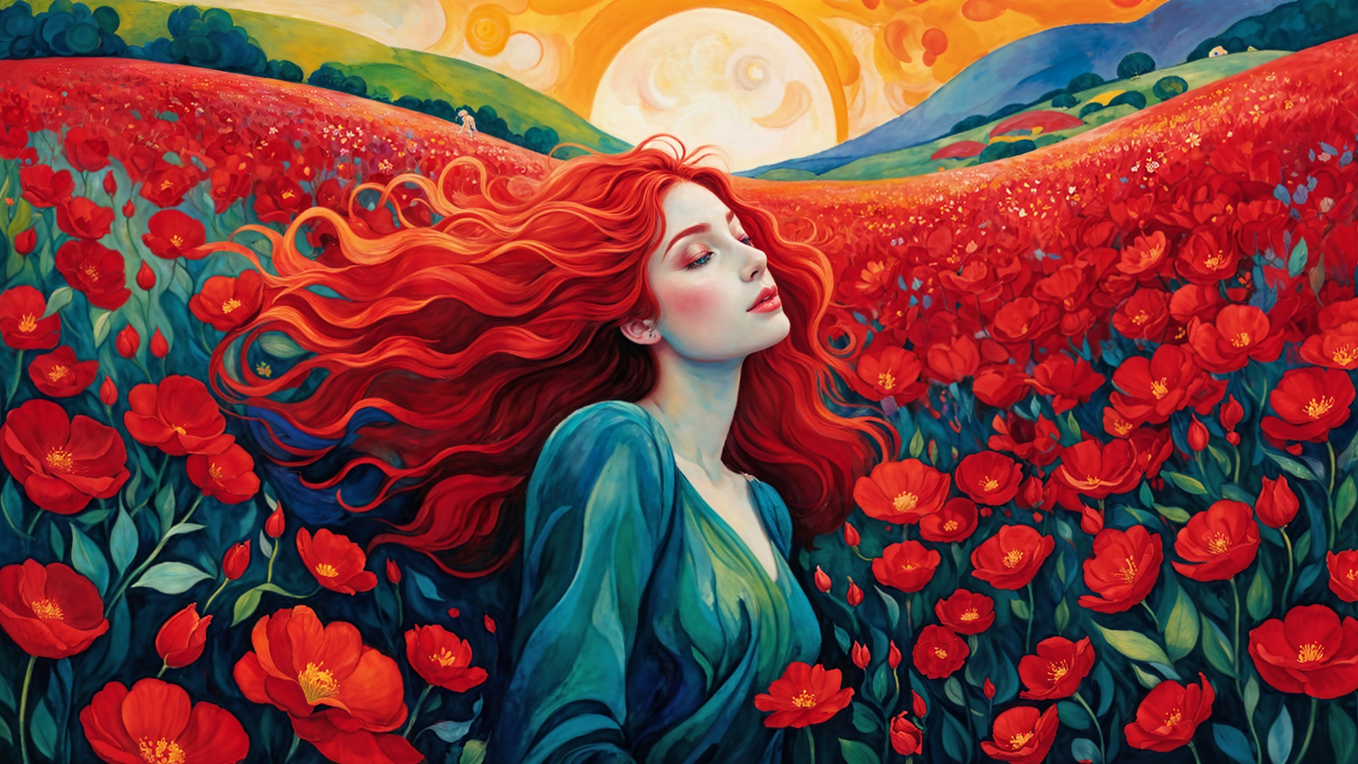 Young Woman in Green Dress Among Blooming Poppies