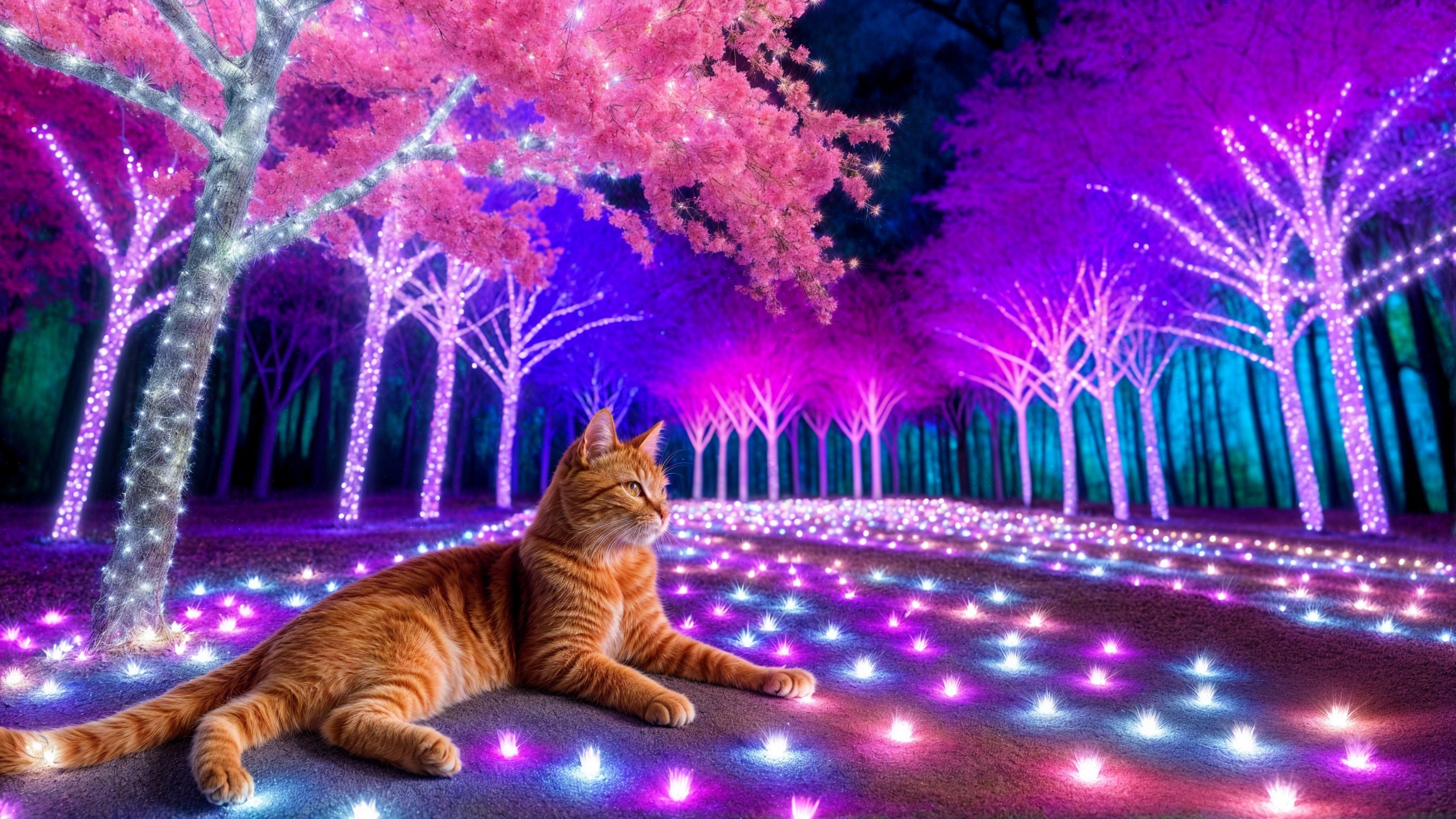 Orange Tabby Cat on Glowing Path with Vibrant Trees