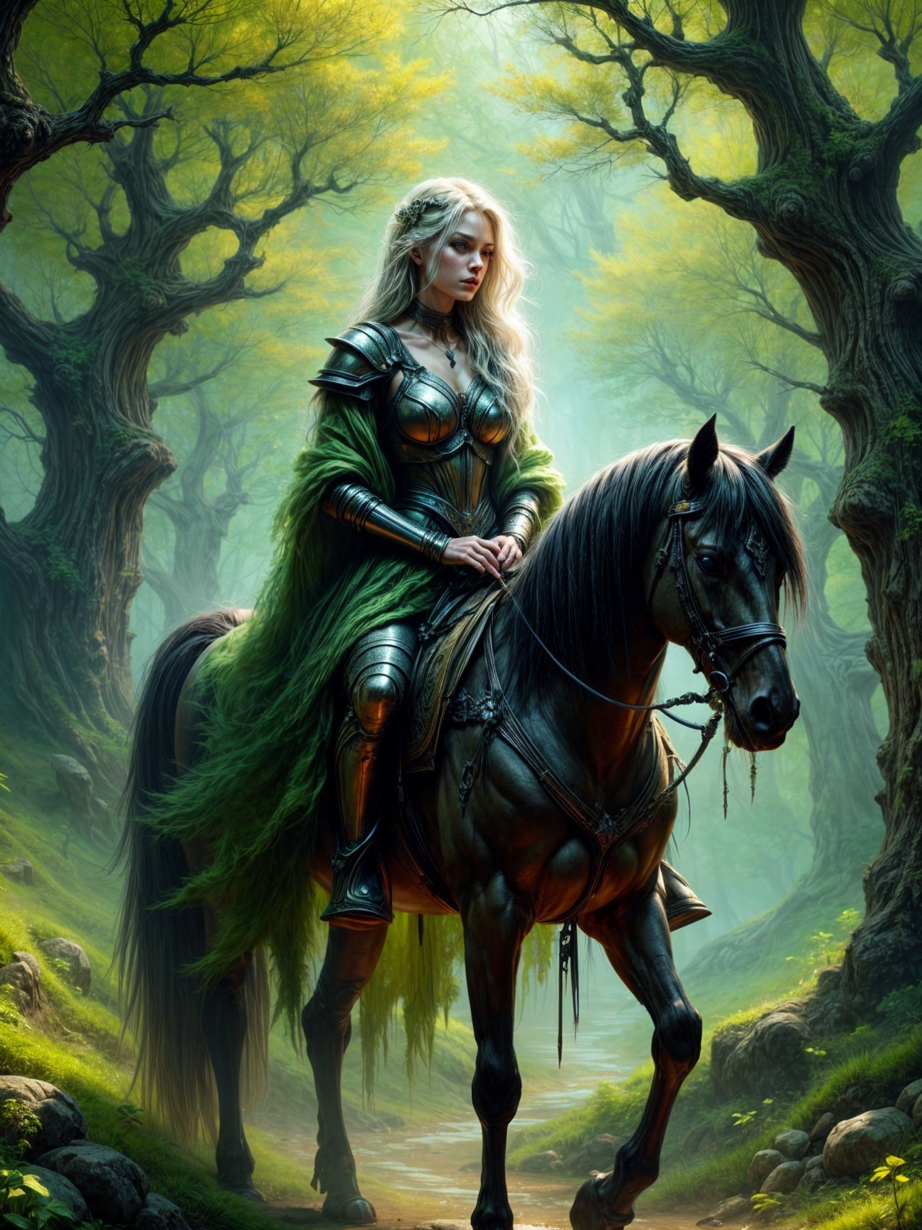 Warrior on Black Horse in Mystical Forest Setting