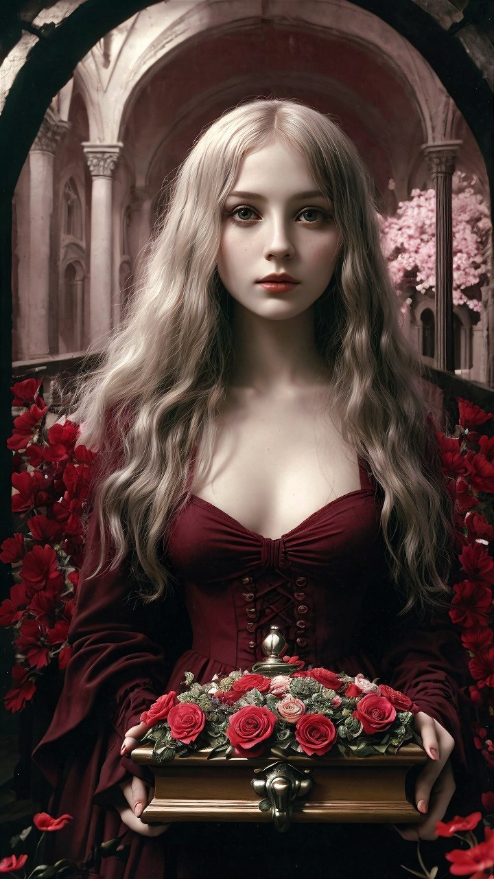 Young woman in red dress among vibrant flowers