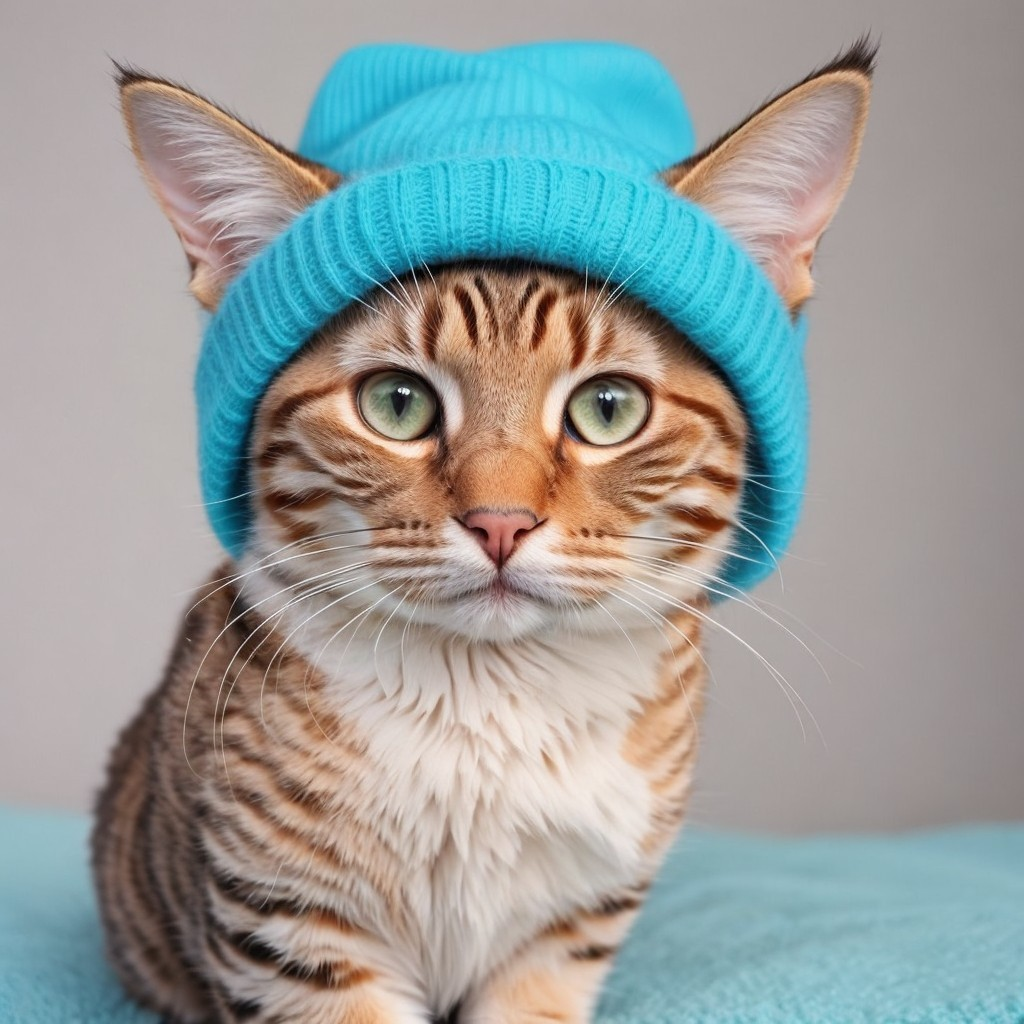 Bengal Cat in Turquoise Beanie Against Blue Background