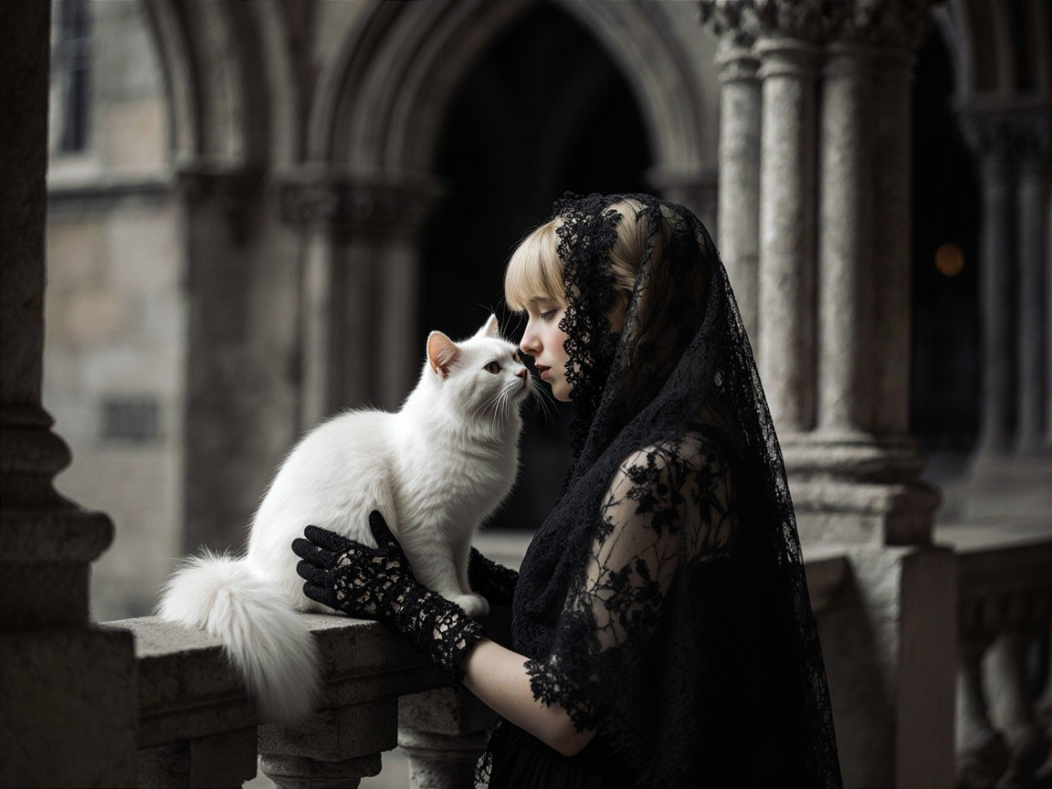 Blonde Woman in Black Lace Dress with White Cat