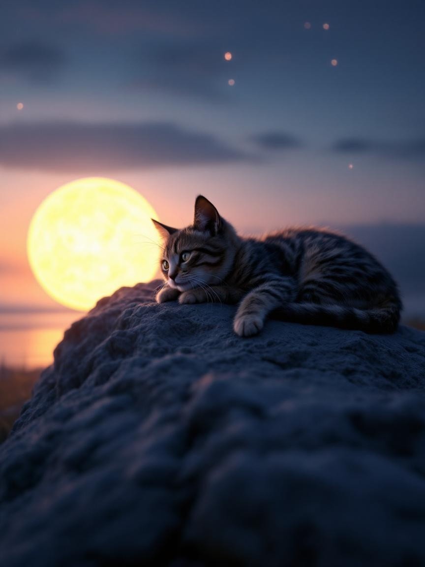 Striped Cat Relaxing Under a Glowing Moon at Dusk
