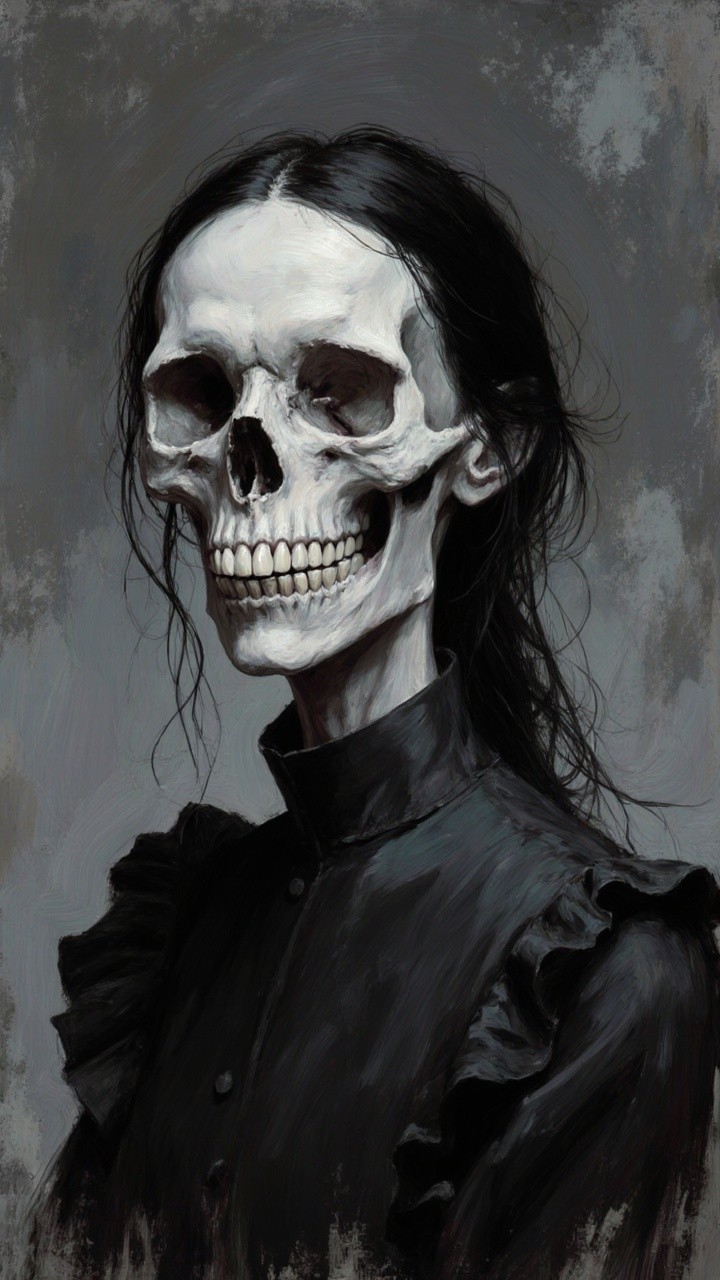 Haunting Skeleton with Elongated Skull and Dark Hair