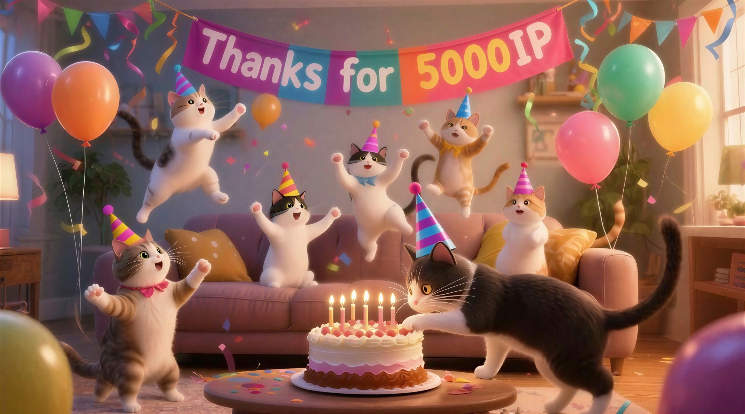 3D Render of a Birthday Party with Cats in Living Room