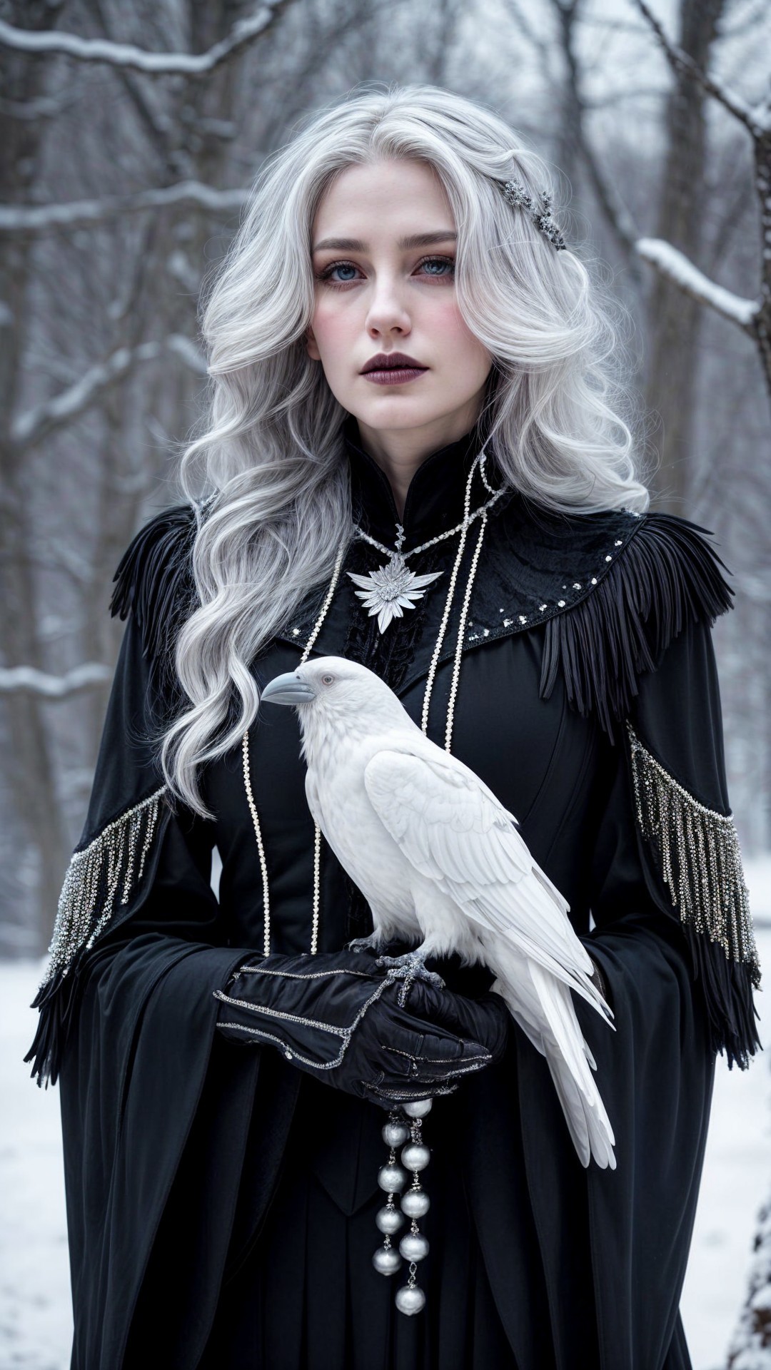 Pale Woman with White Hair in Winter Wonderland Scene