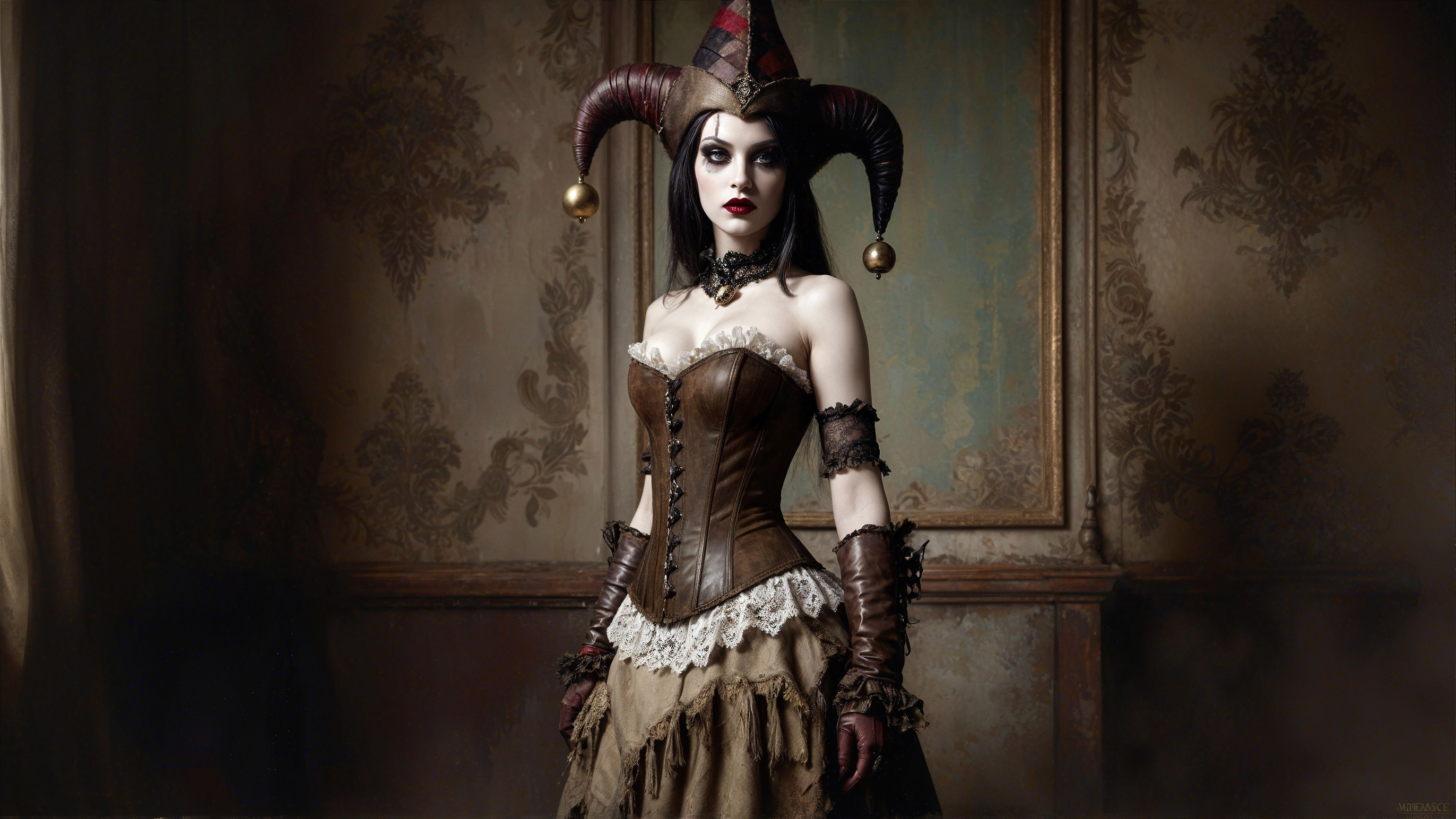 Elaborate Jester Costume with Dramatic Makeup and Background