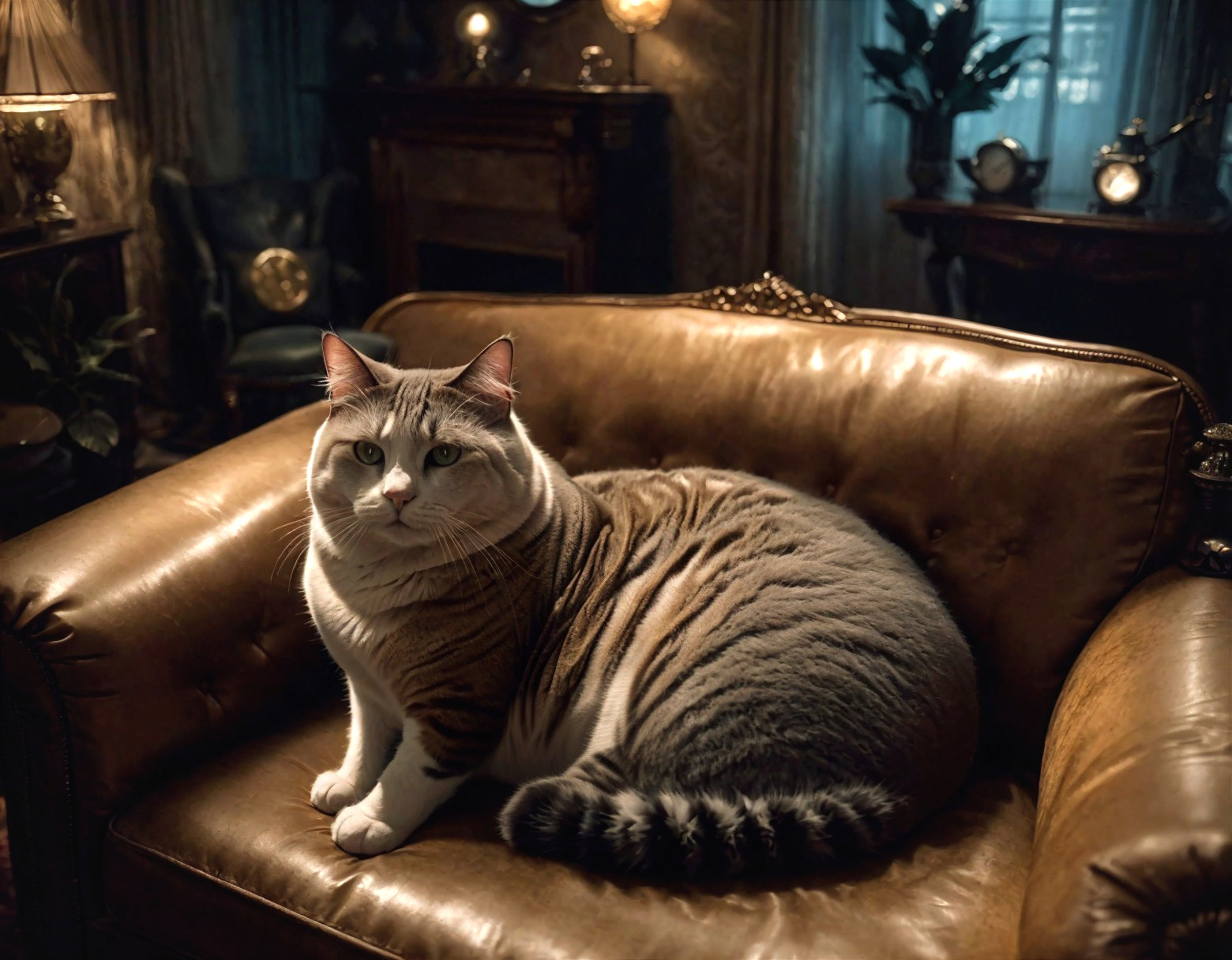 Fluffy Striped Cat on Luxurious Leather Sofa