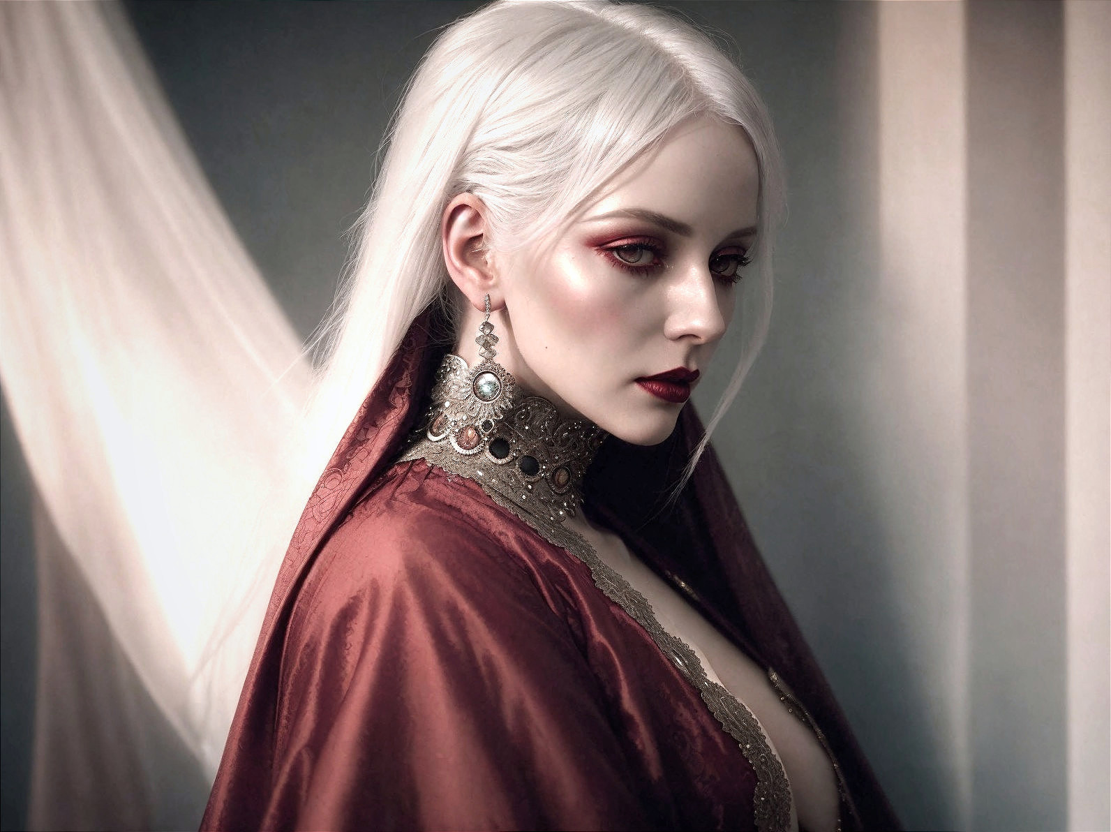 Striking Woman with White Hair in Crimson Robe