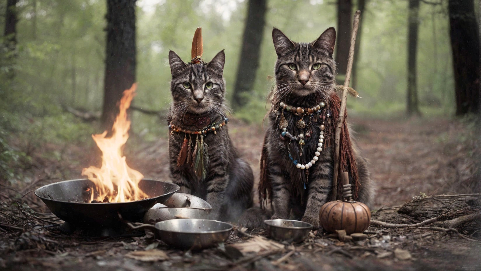 Regal Cats in a Mystical Forest Setting with Fire