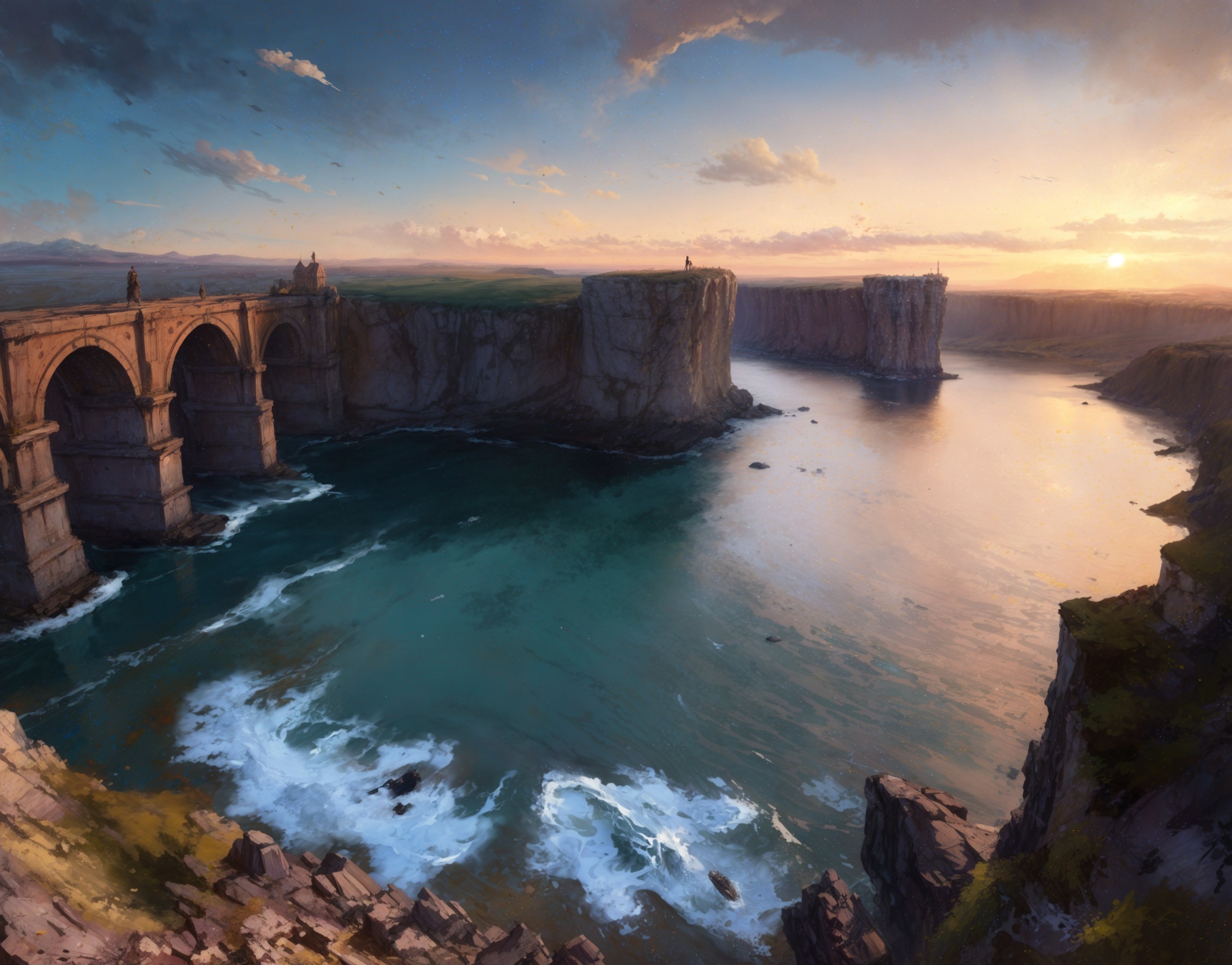 Sunset Landscape with Cliffs and Ancient Stone Bridge