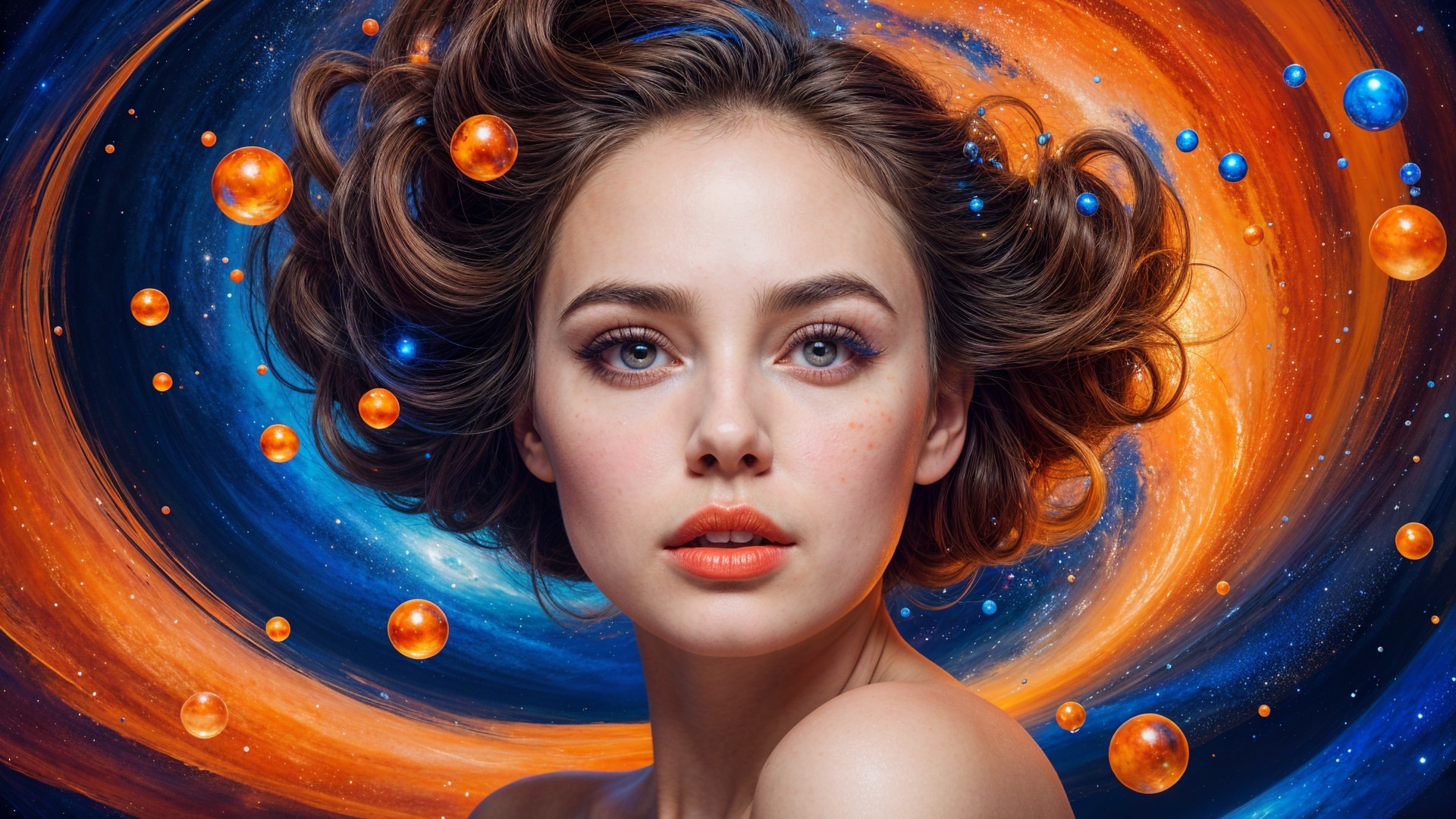 Young woman with cosmic colors and celestial background