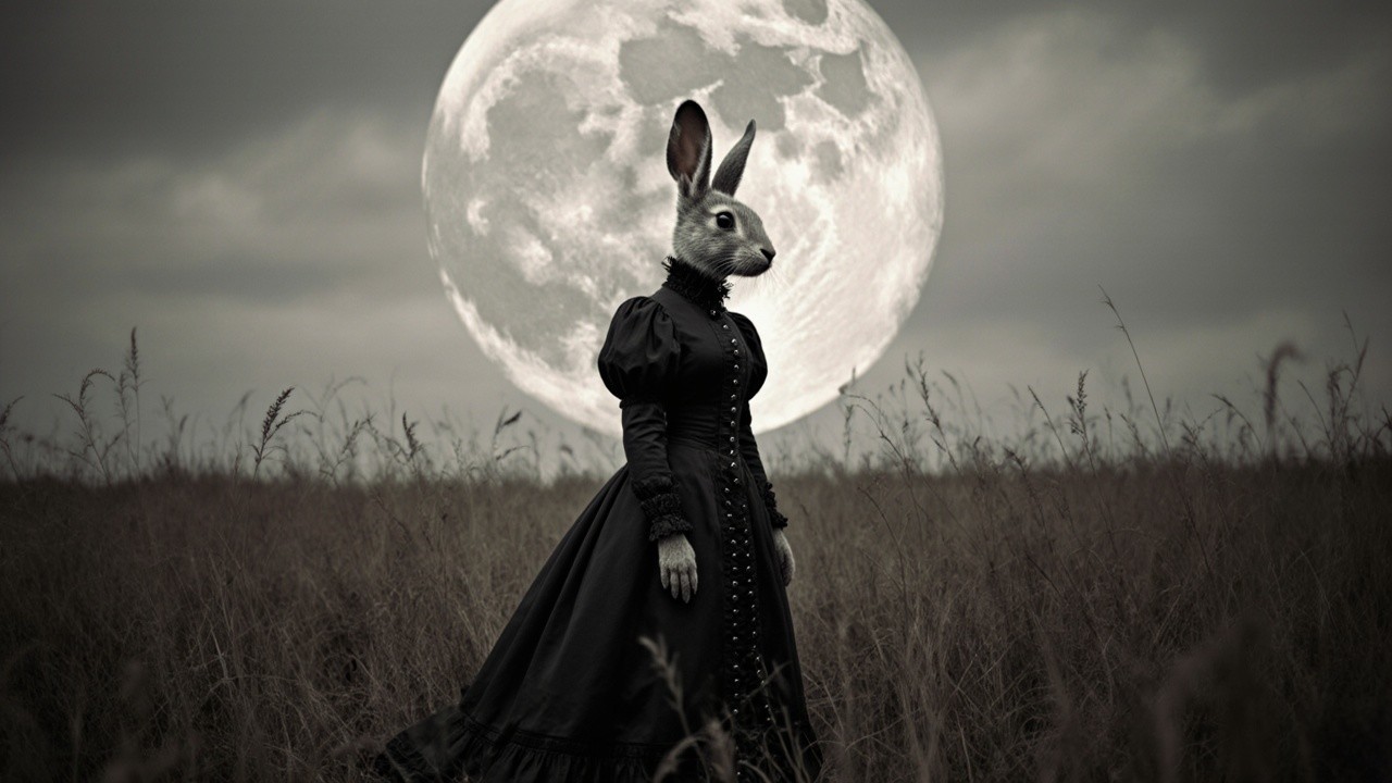 Surreal Figure in Black Gown with Rabbit Head in Field