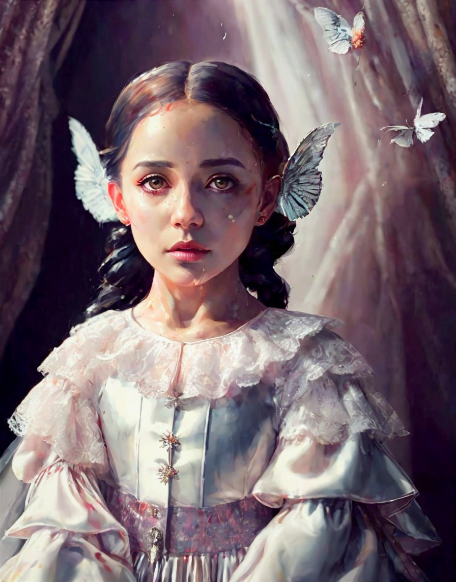 Young girl with butterfly wings in vintage lace dress