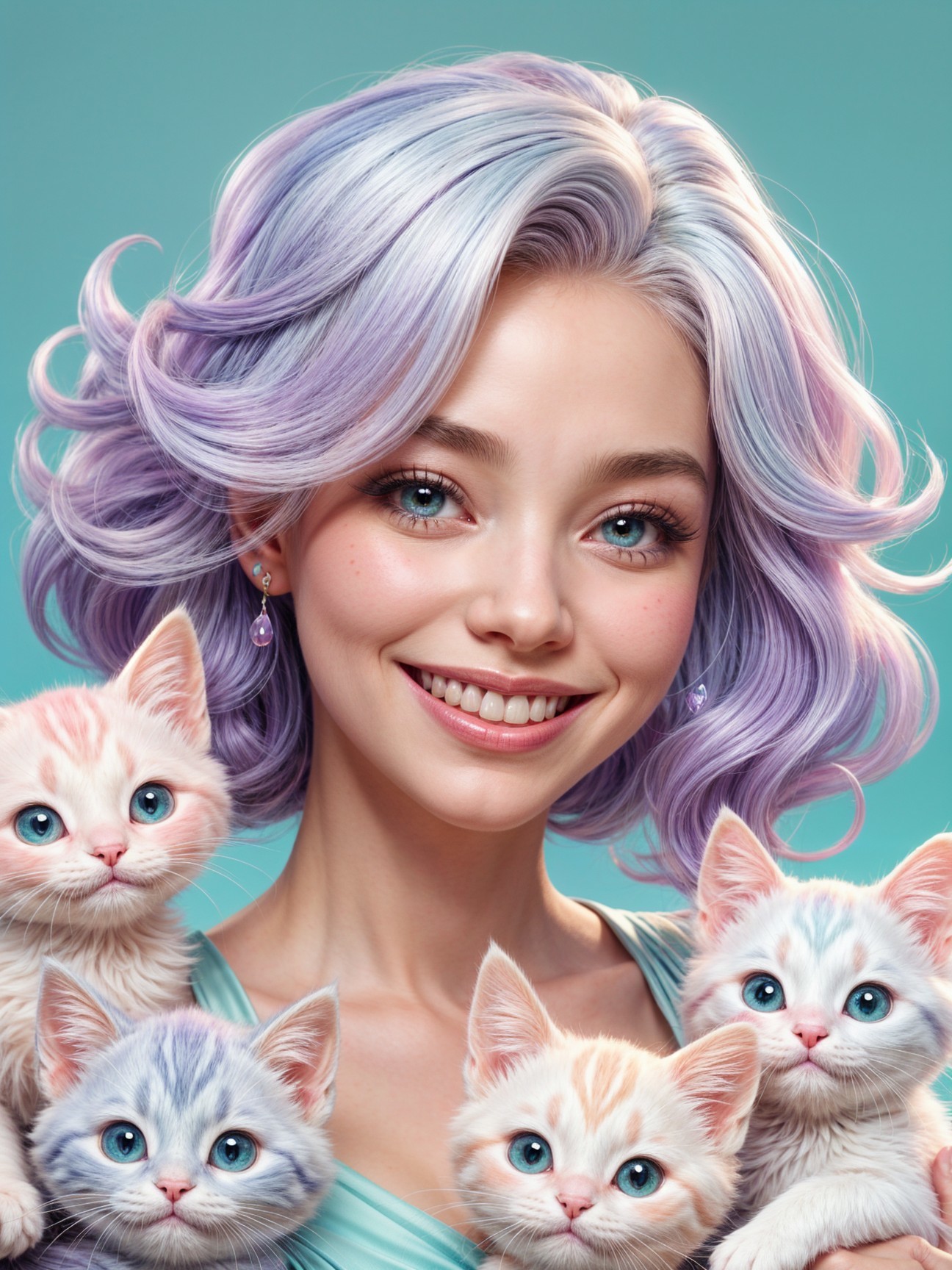 Cheerful woman with pastel hair and playful kittens