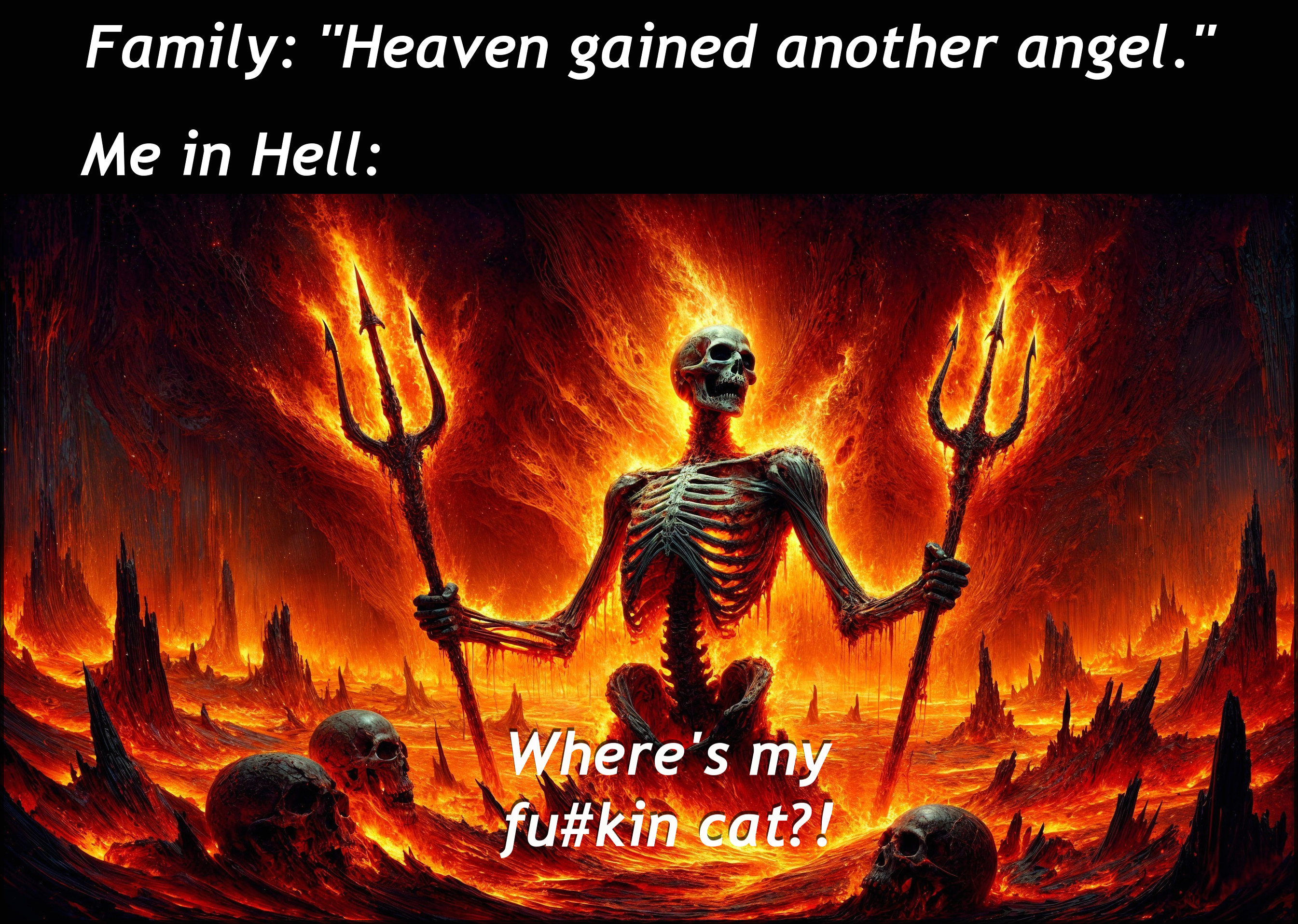 Dramatic Hellscape with Skeleton and Missing Cat Humor