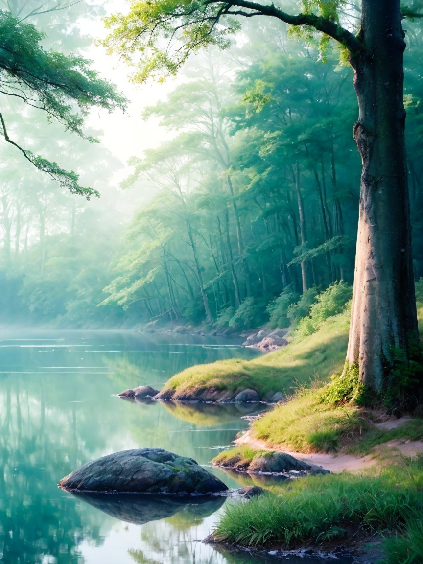 Serene forest scene by a calm river with mist