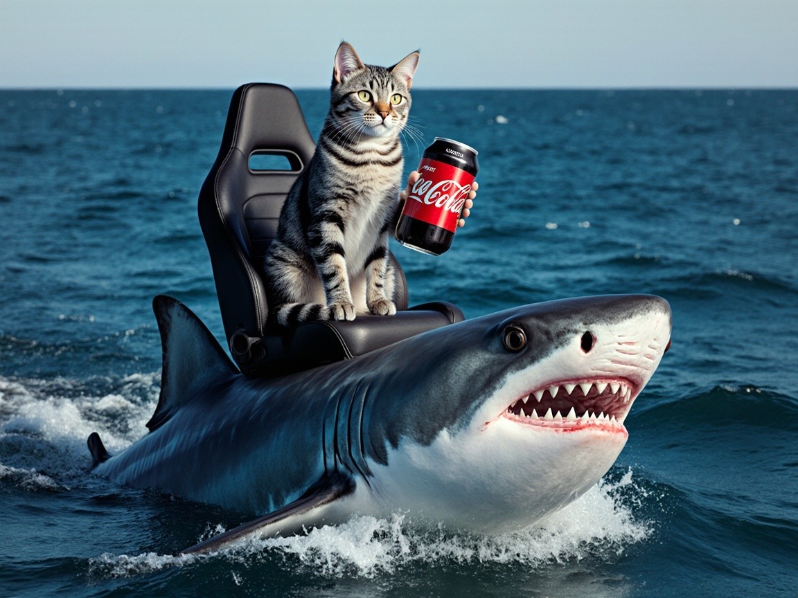 Tabby Cat on Shark in Ocean with Coca-Cola Can