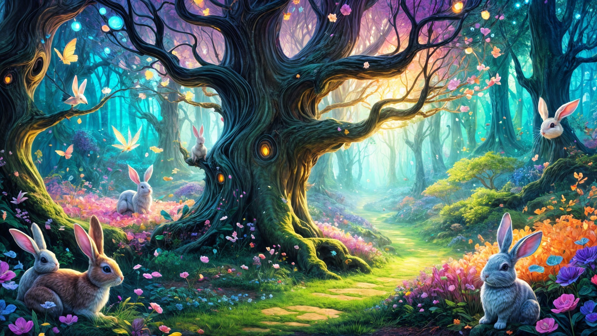 Whimsical Forest with Vibrant Colors and Wildlife
