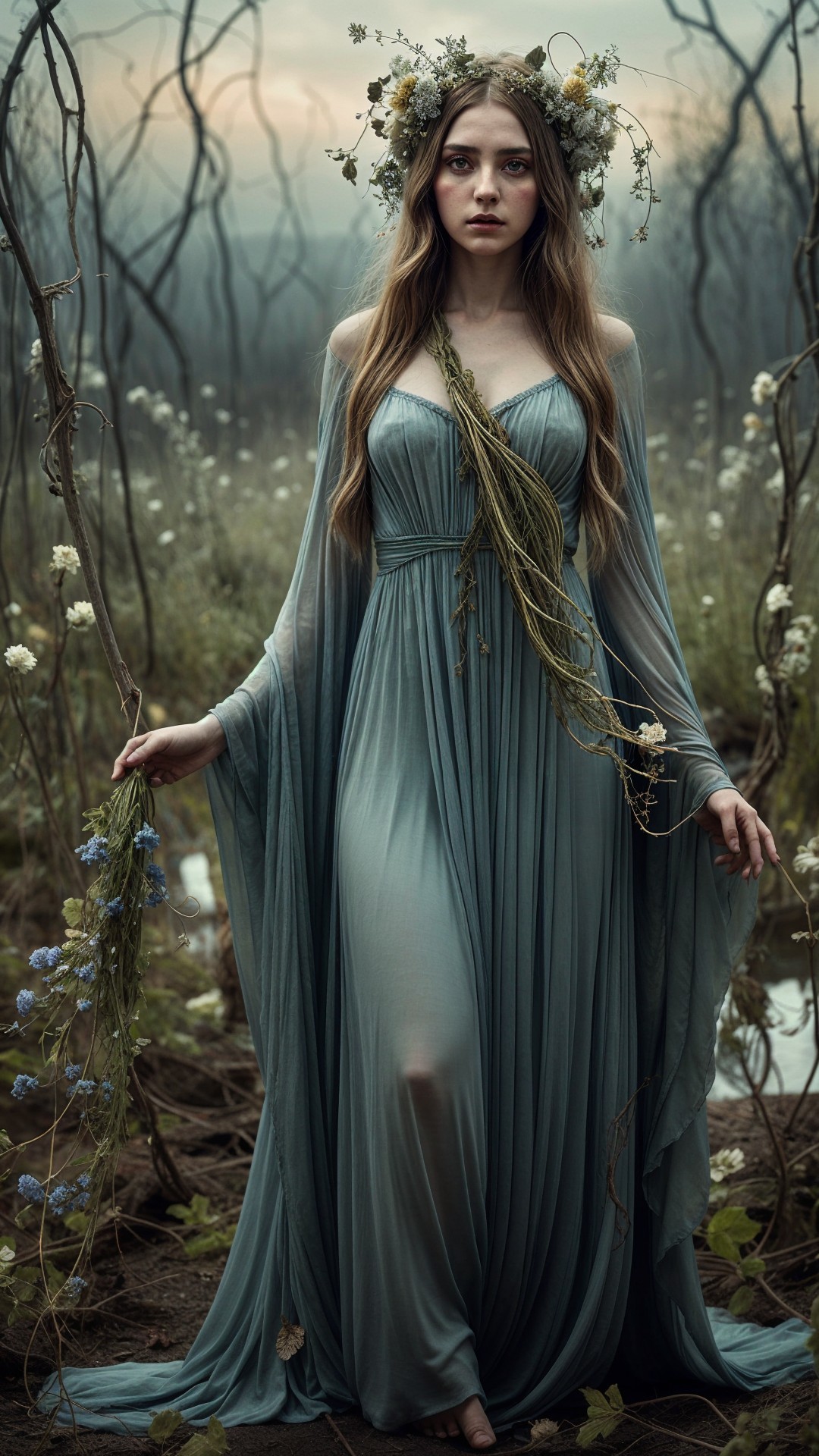Young woman in blue gown in misty forest setting