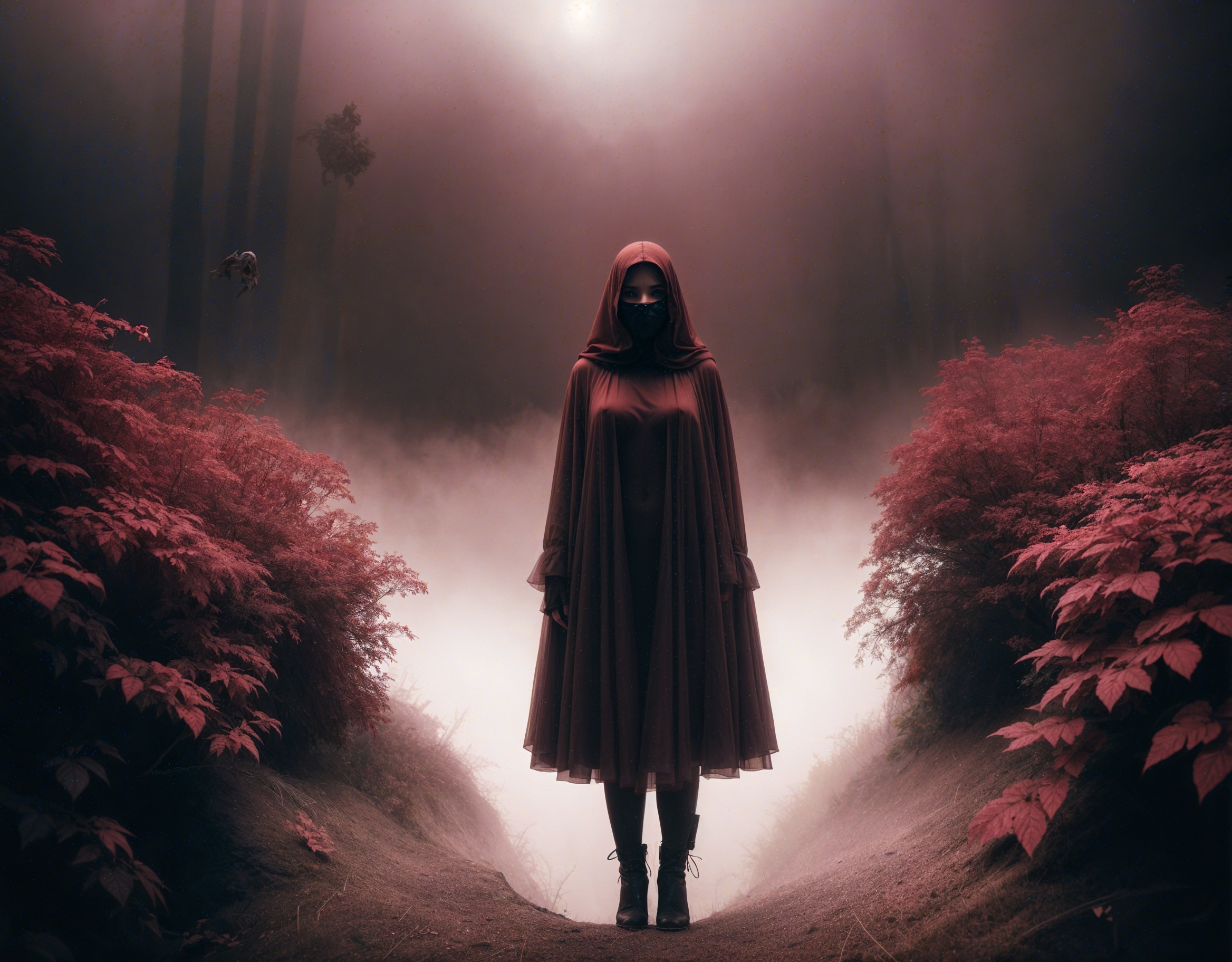 Mysterious Figure in Misty Forest with Crimson Plants