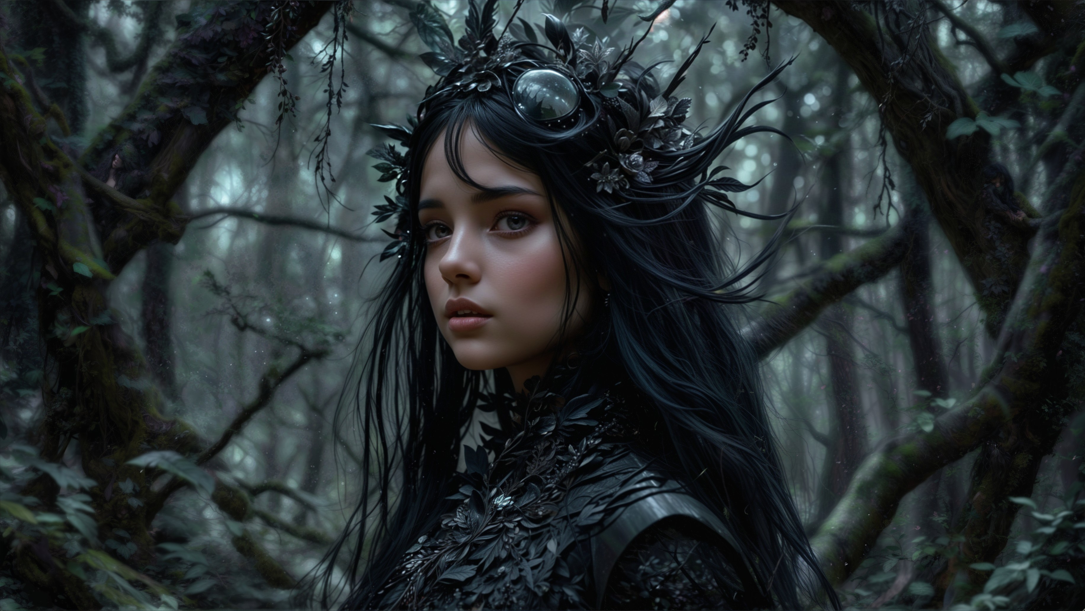 Young woman in mystical forest with dark trees