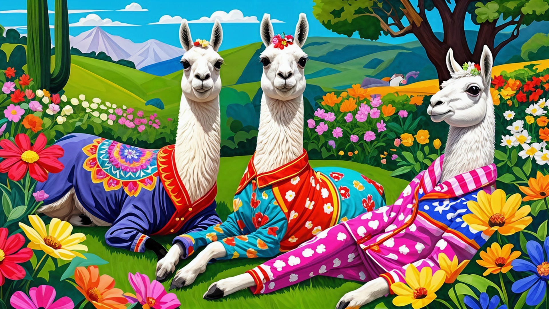 Colorful Llamas in Sweaters Among Flower Field