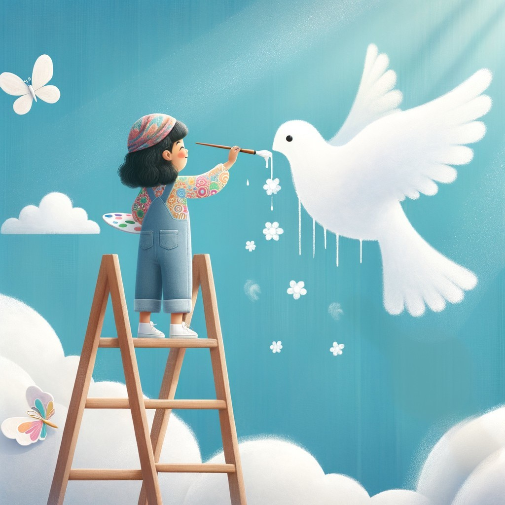 Young Girl Painting a Dove Against Blue Sky