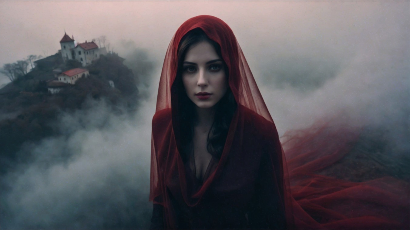 Mysterious Figure in Red Cloak Surrounded by Fog