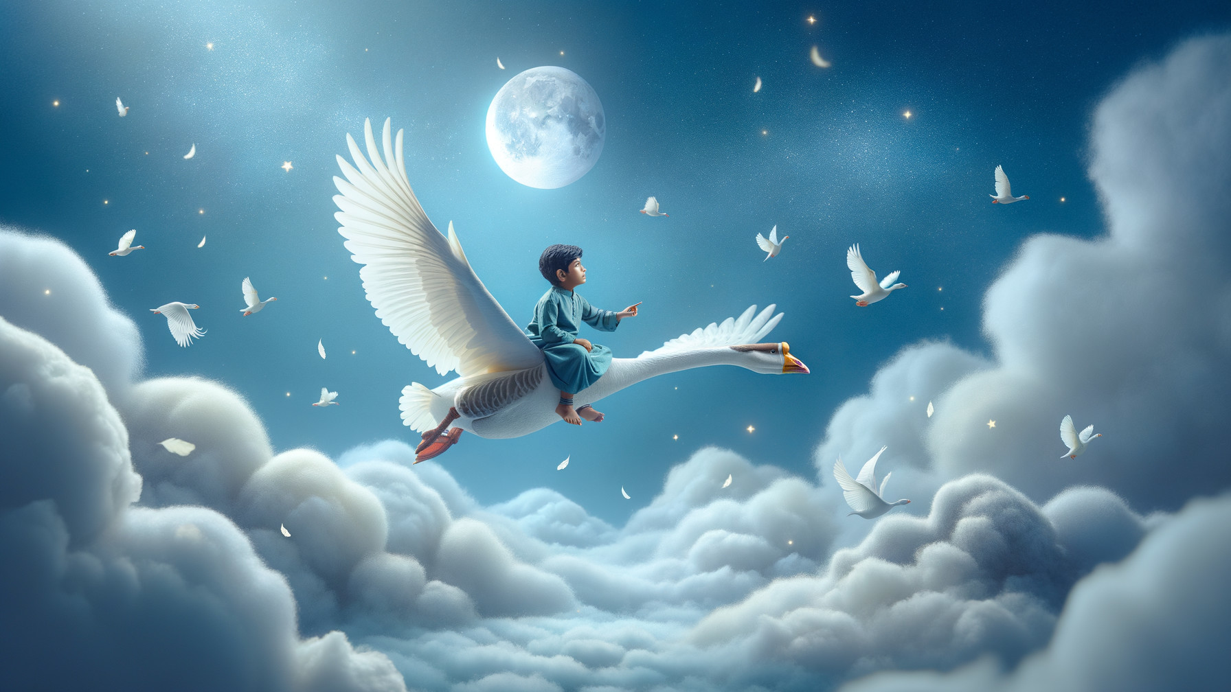 Dreamy Adventure on a Swan in the Sky
