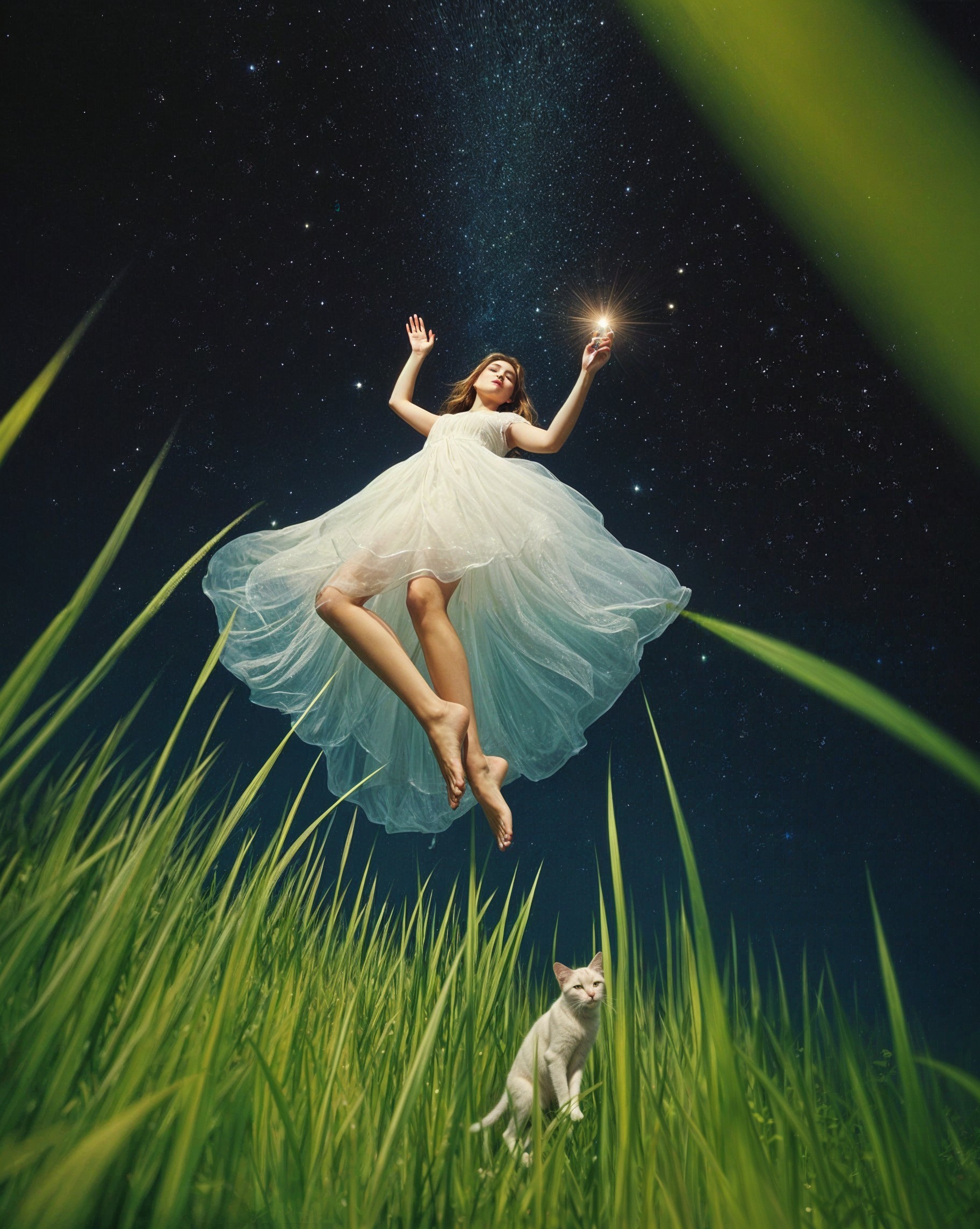 Serene night scene with a woman and a white cat