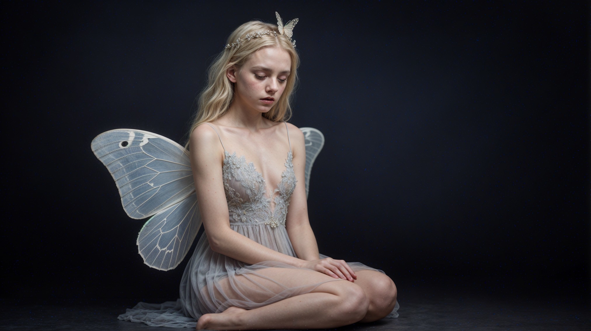 Ethereal Young Woman with Butterfly Wings in Lace Dress