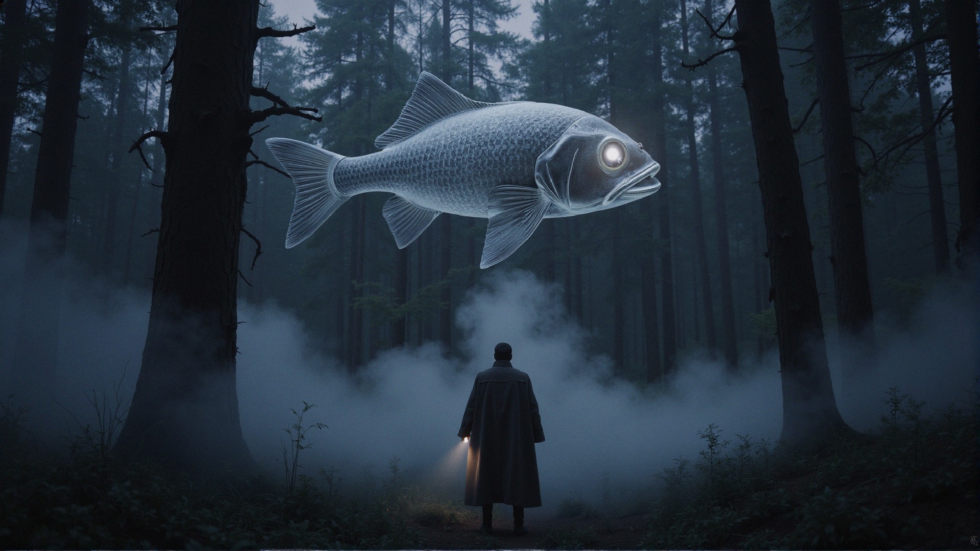 Misty Forest Scene with Ethereal Fish Above Trees