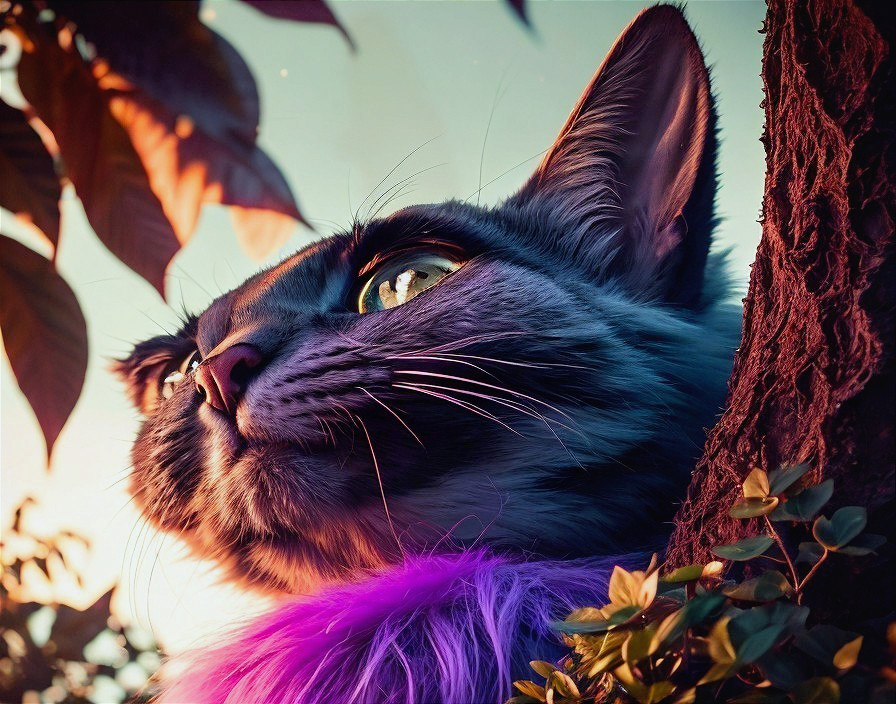 Majestic Cat in Tree with Gray and Violet Fur